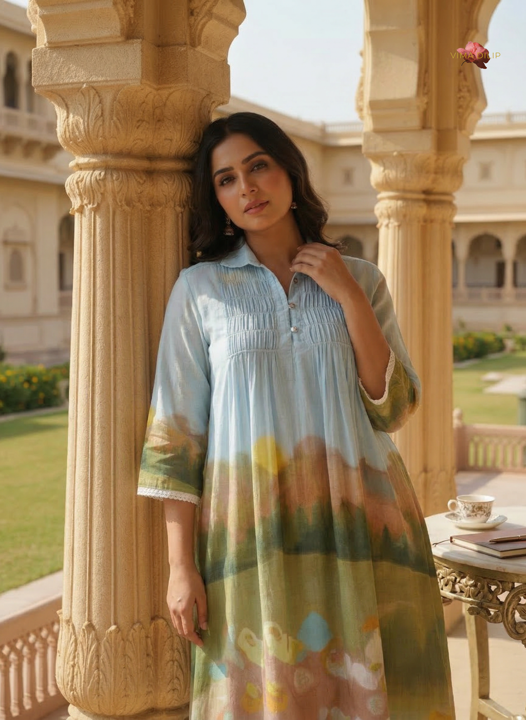 Sky Blue Scenic Print Cotton Dress