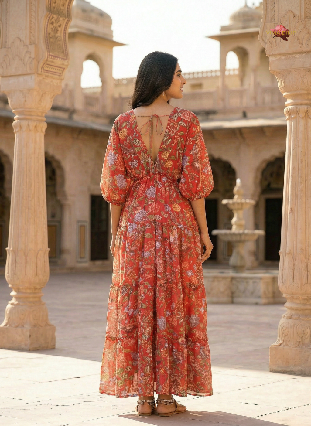 Red Floral Cotton Kota Layered Dress