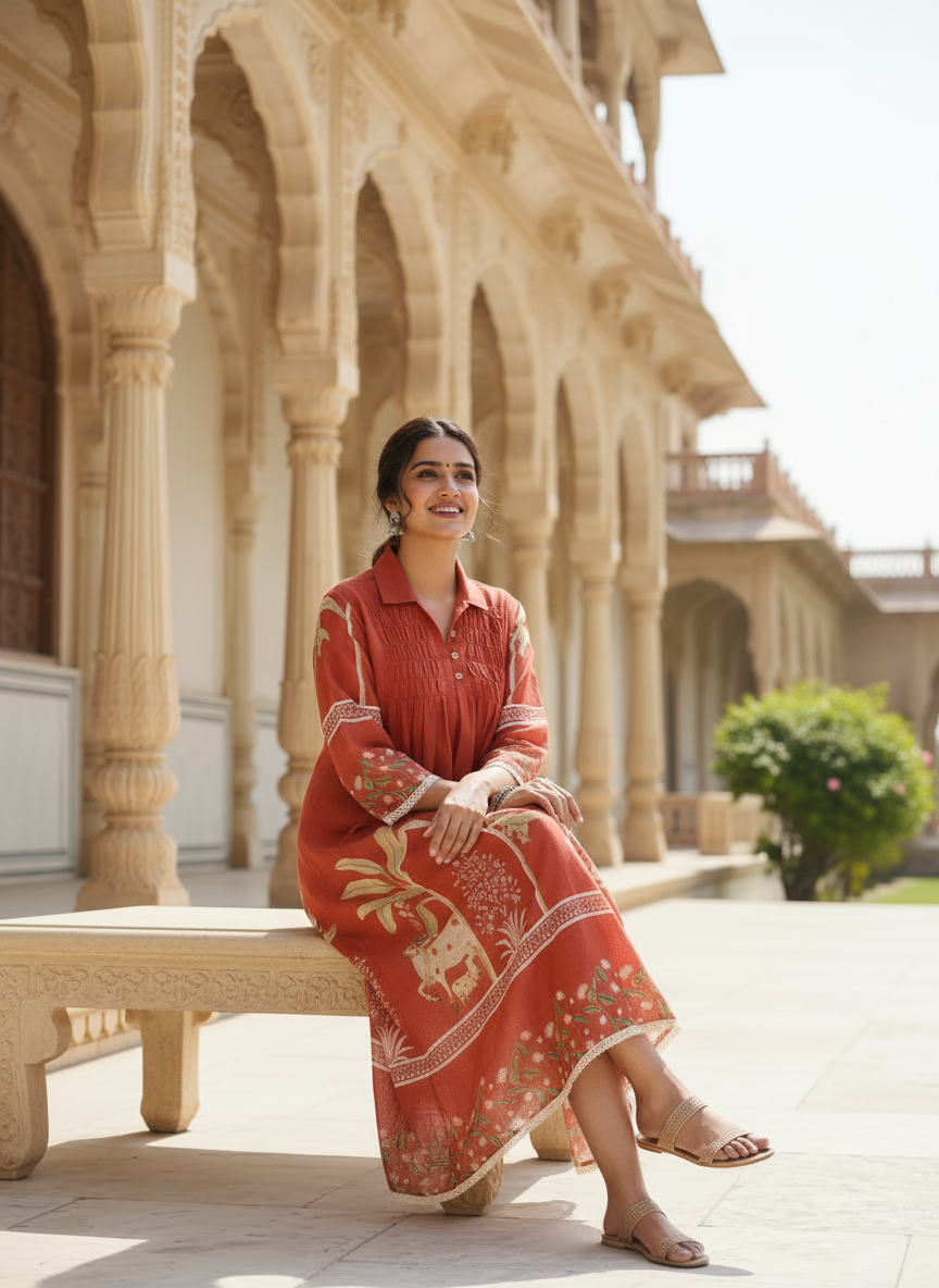 Rust cotton collared printed dress with pintuck detailing