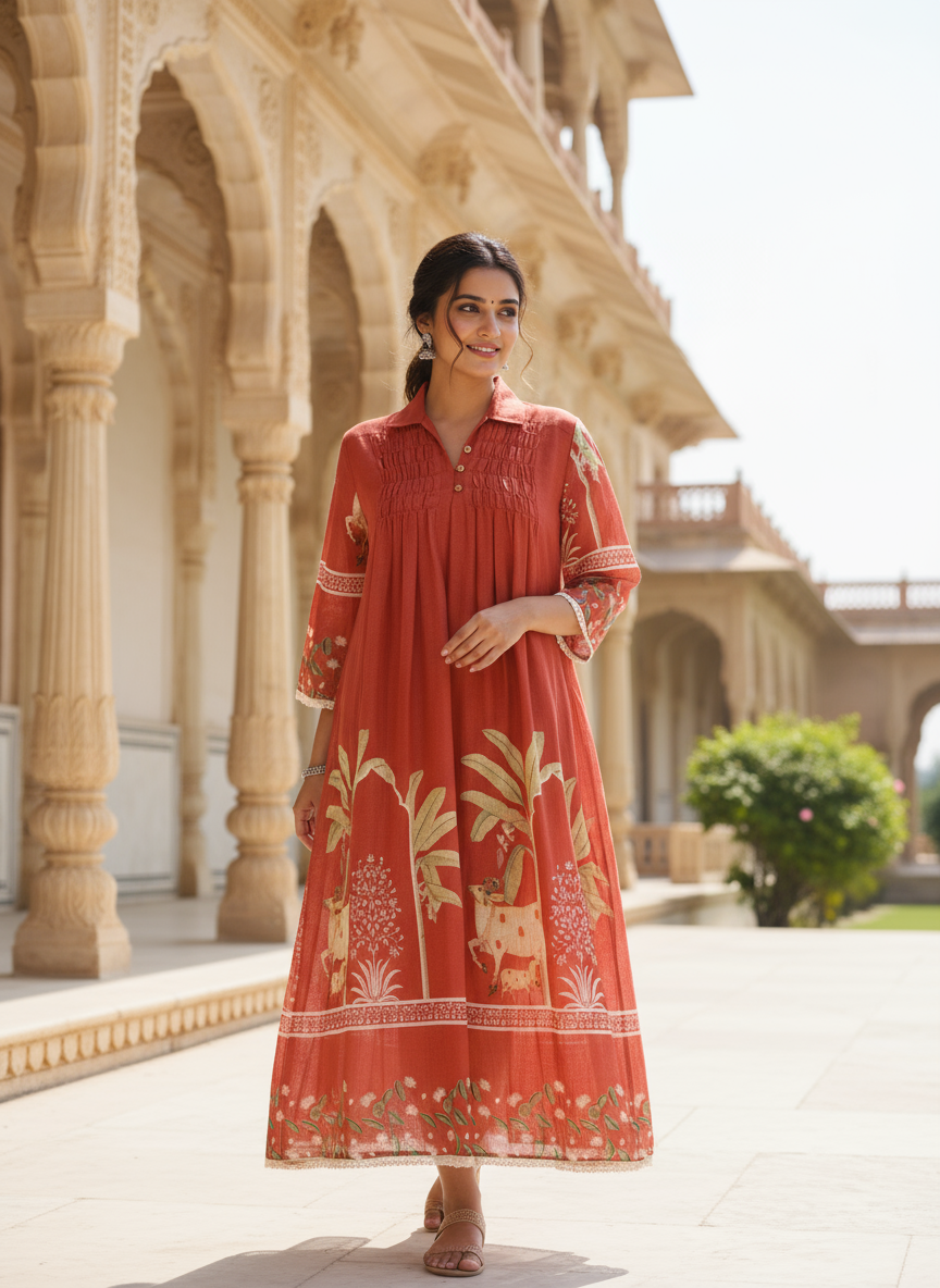 Rust cotton collared printed dress with pintuck detailing