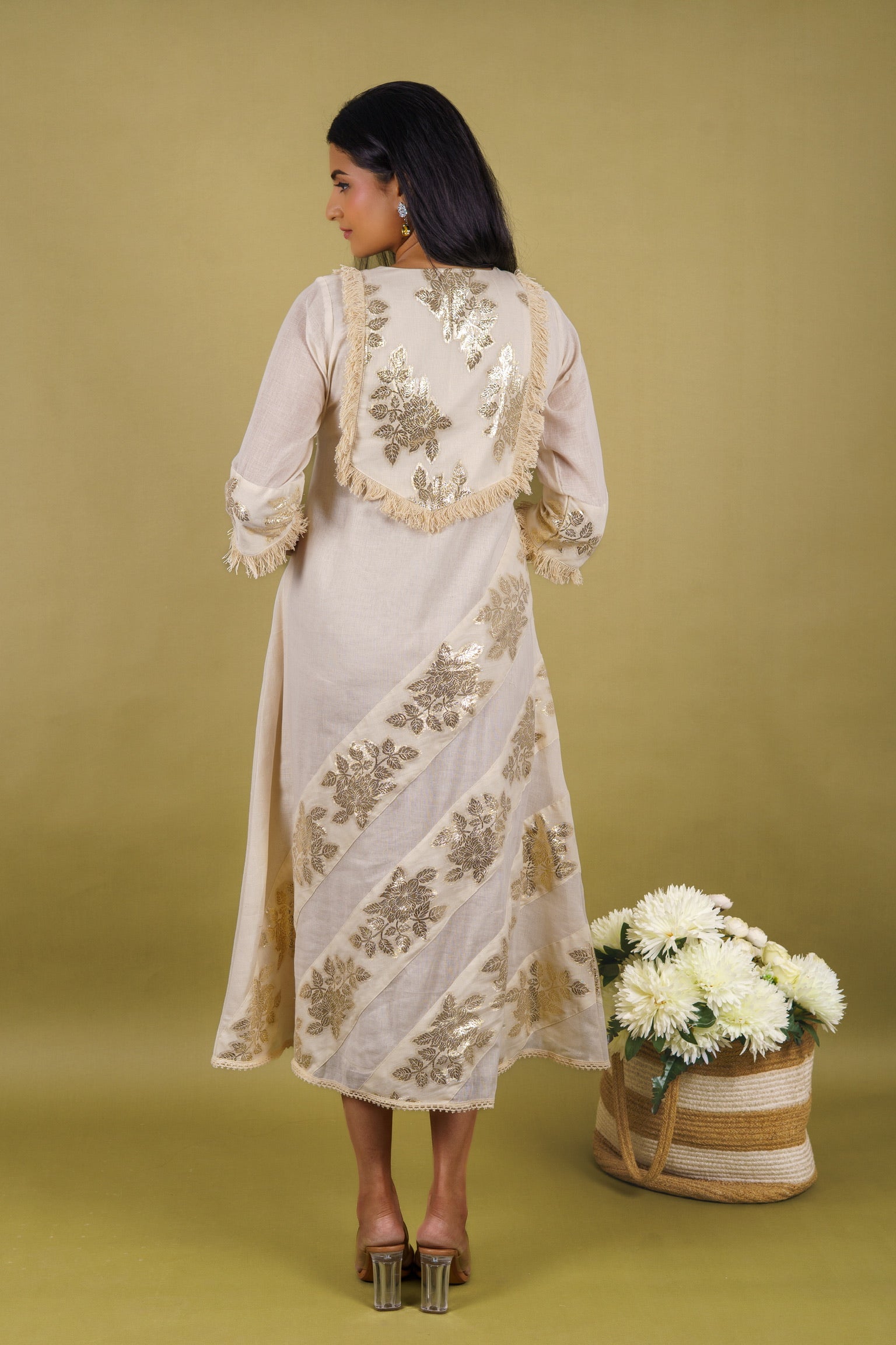 Off-white cotton dress with silver patti appliqué