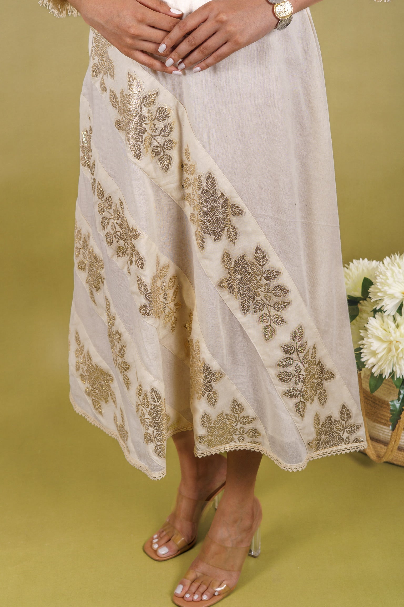 Off-white cotton dress with silver patti appliqué