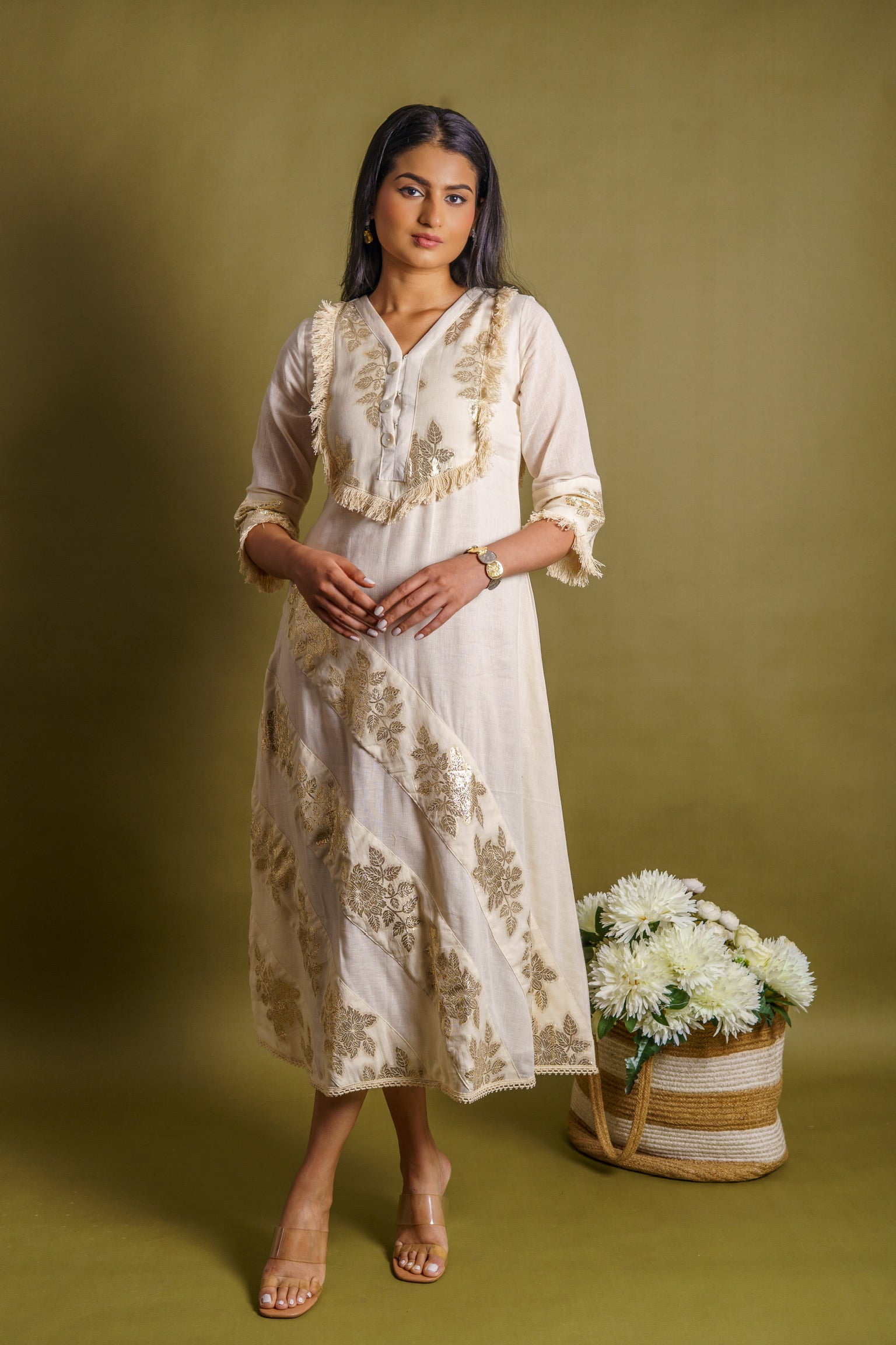 Off-white cotton dress with silver patti appliqué