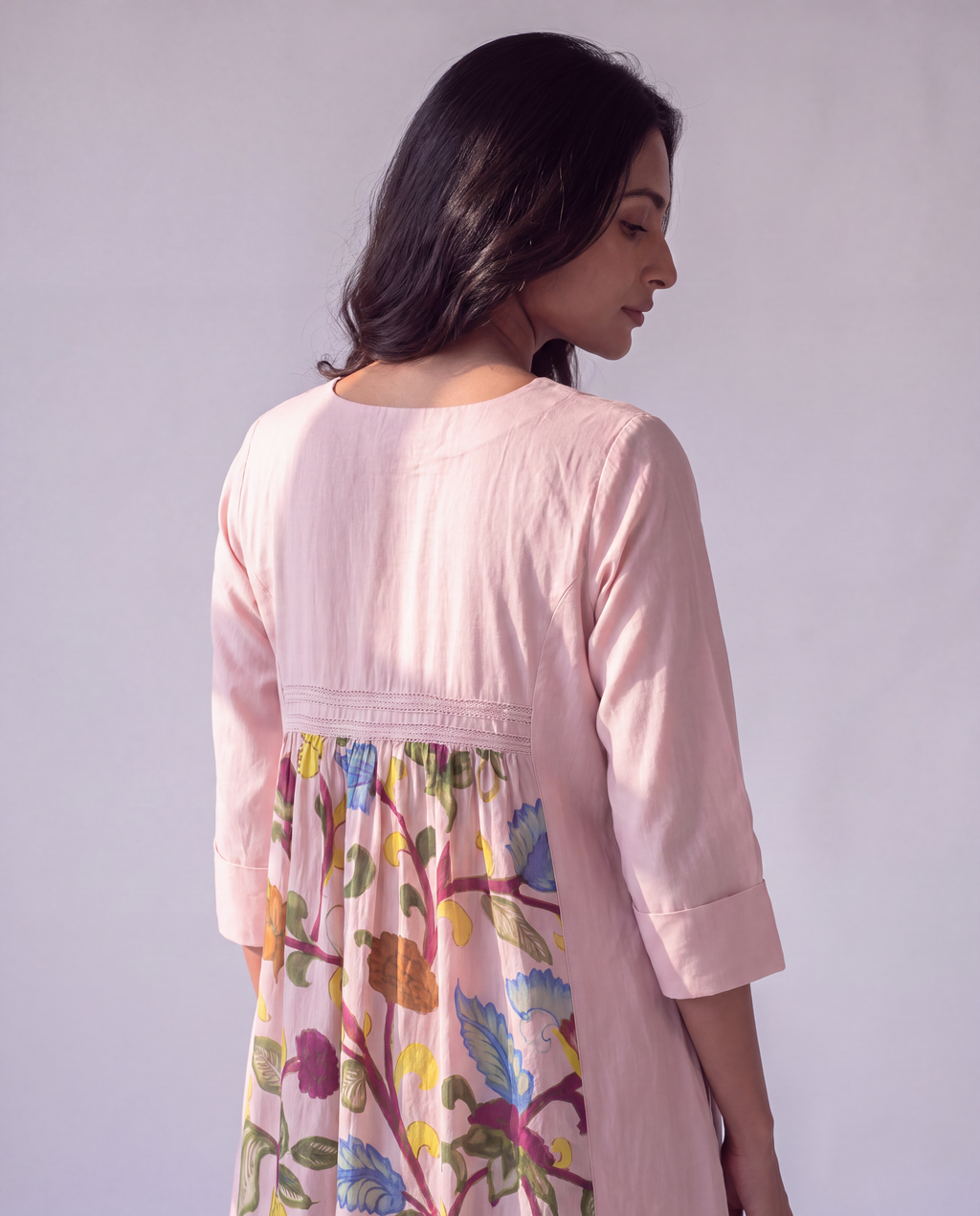 Lilac Cotton Dress with Printed center panel and lace detailing.