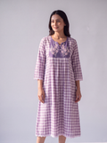 Lavender Gingham Embroidered Midi Dress