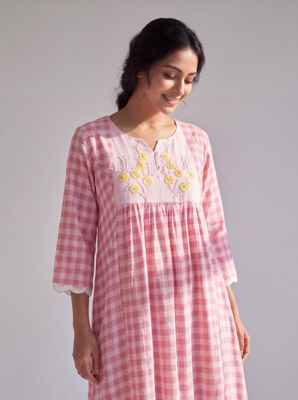 Pink Gingham Floral Embroidered Midi Dress