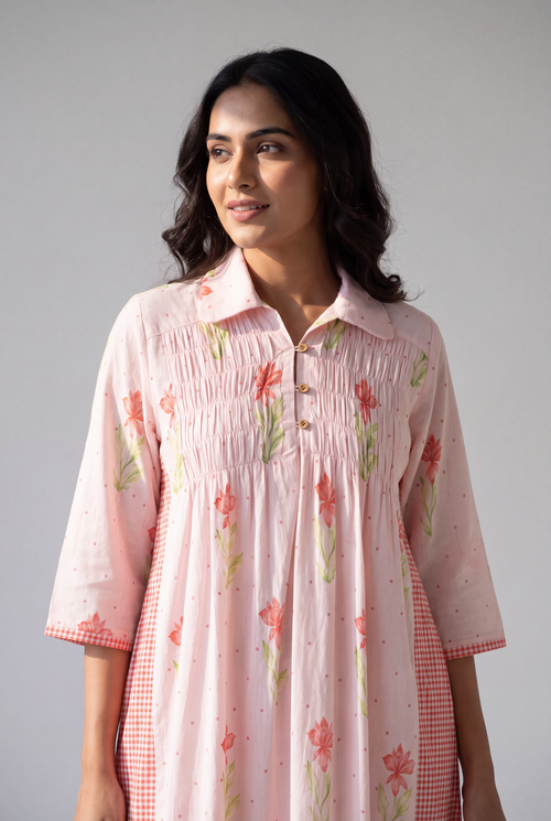 Blush Pink Floral Gingham Dress