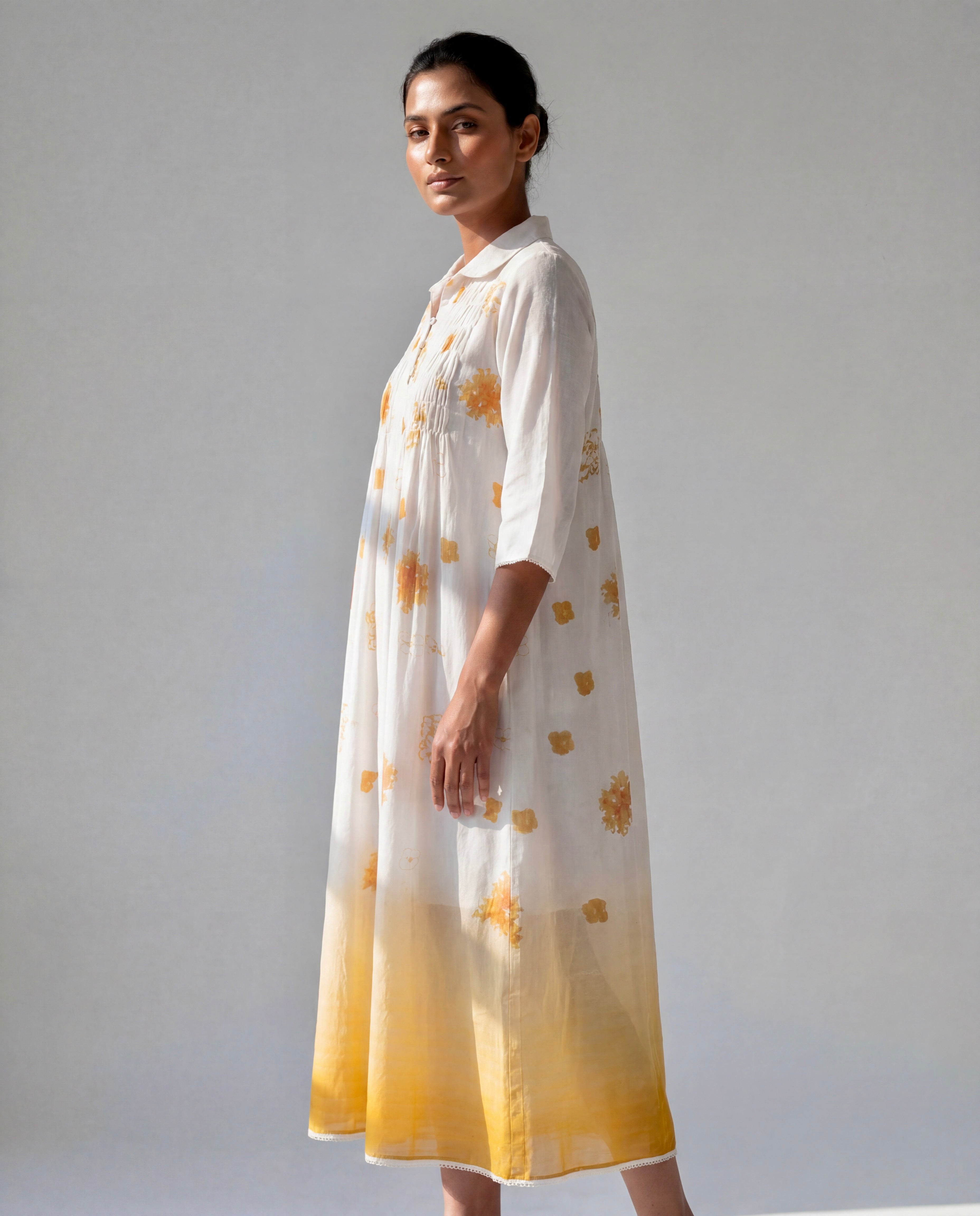 Ivory Ombre Printed Dress with Collared Neck and Smocked Yoke
