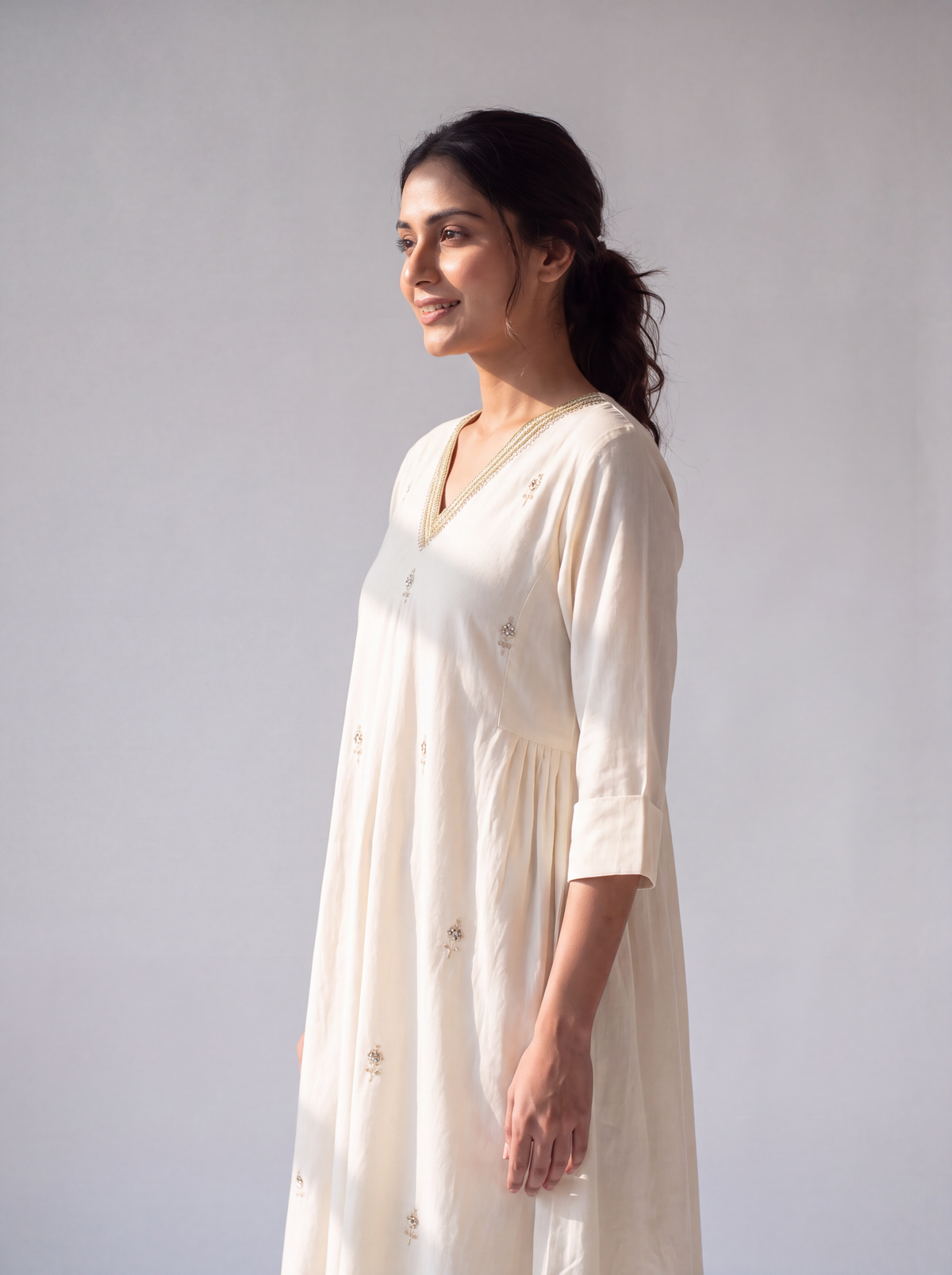Ivory Embroidered V-Neck A-Line Dress