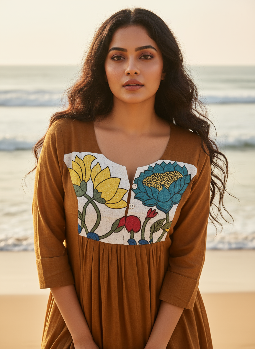 Cotton Dress with Hand-Painted Kalamkari Yoke