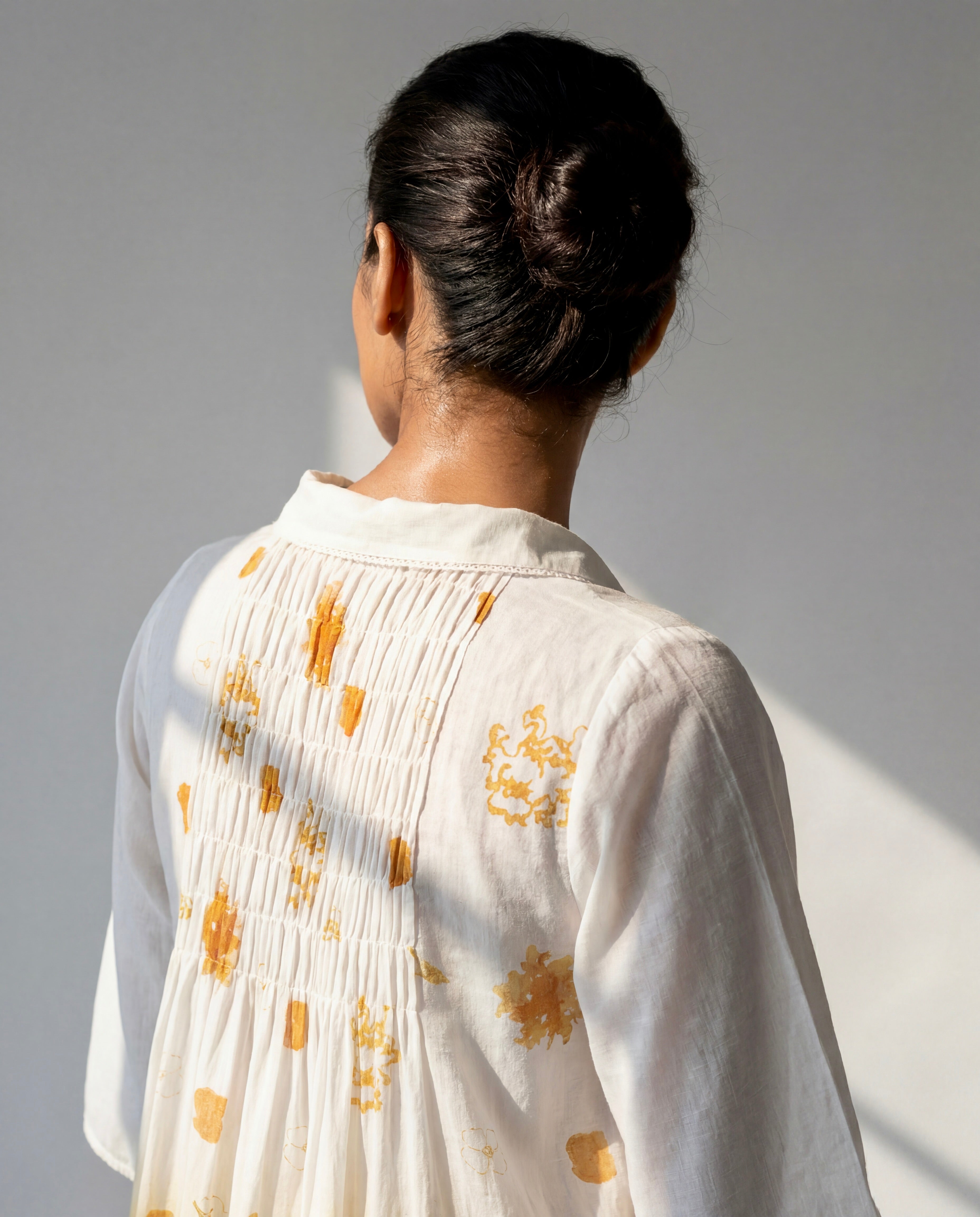 Ivory Ombre Printed Dress with Collared Neck and Smocked Yoke