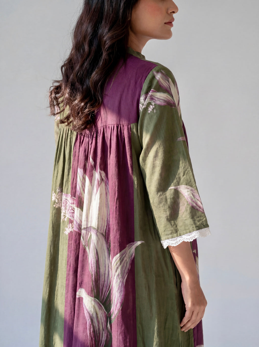 Olive Green Botanical Printed Cotton Dress with Gathered Yoke and Lace Trim Details