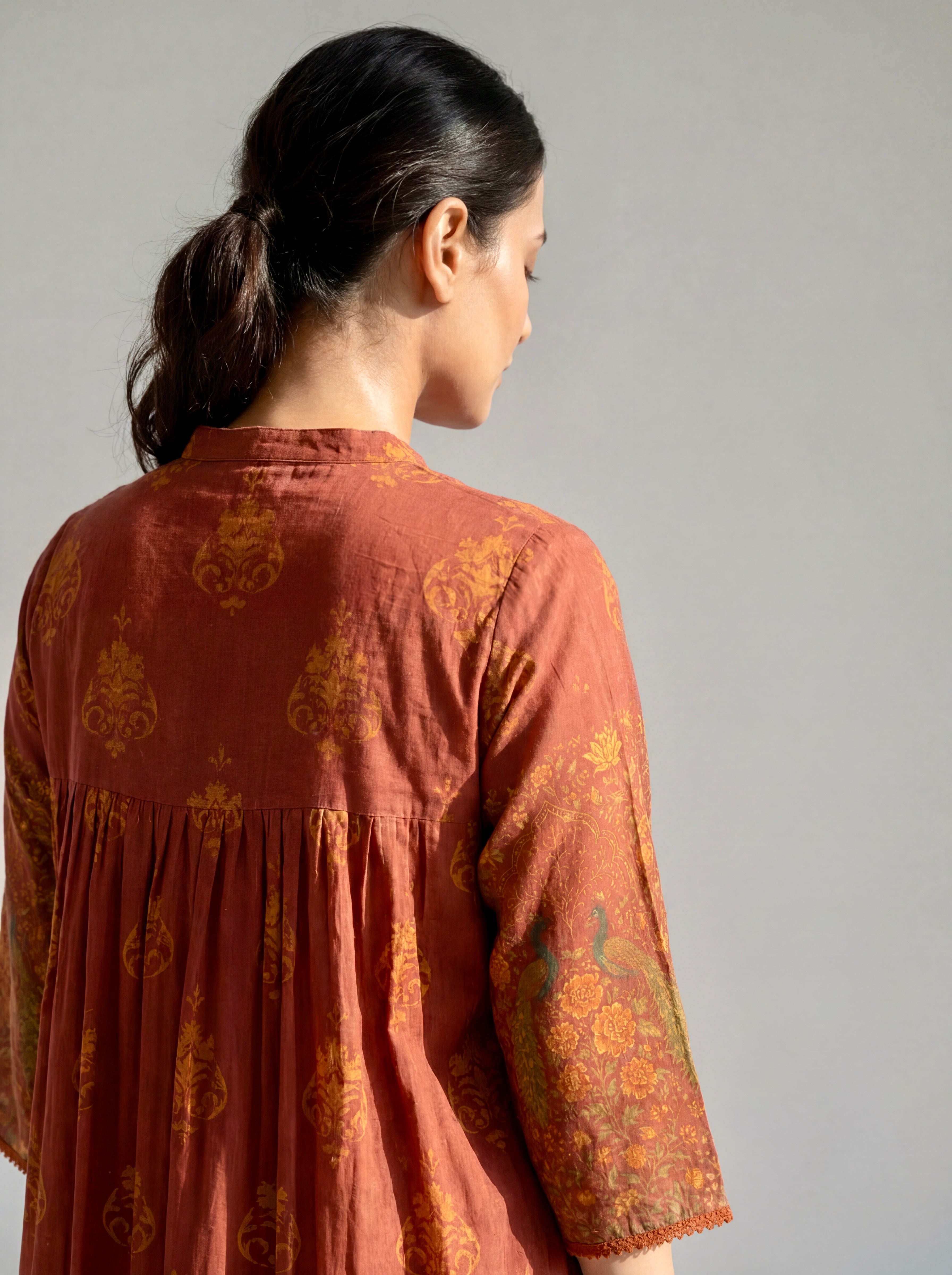 Terracotta Handblock Printed Cotton Dress with Gathered Yoke and Mandarin Neckline