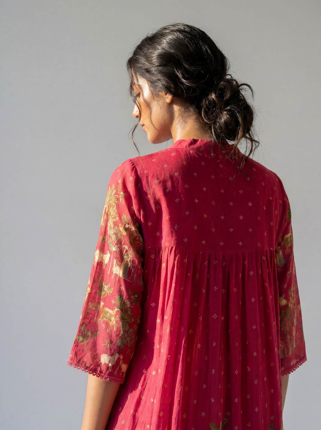Raspberry Pink Heritage Printed Cotton Dress with Gathered Yoke and Lace Accents