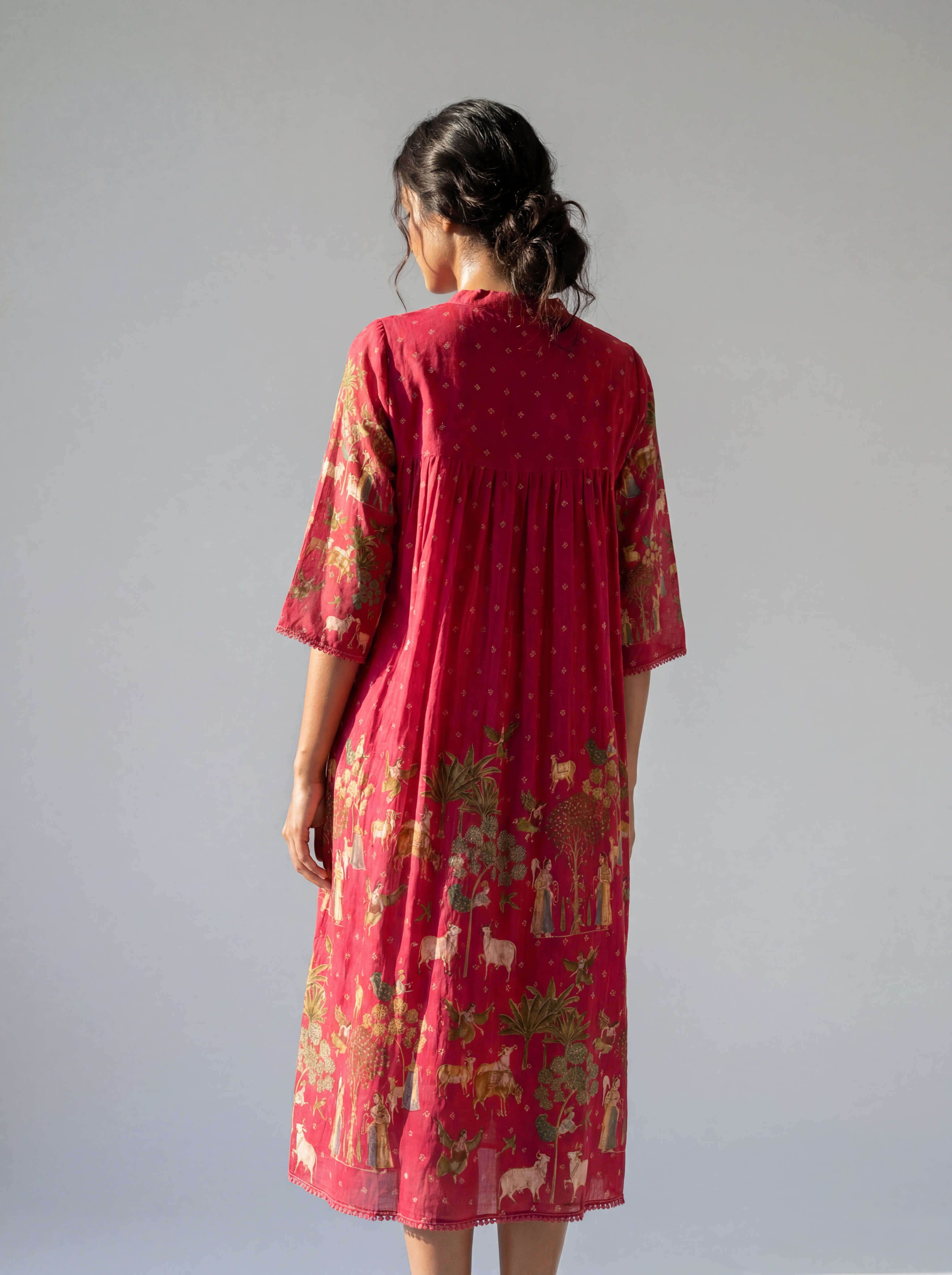 Raspberry Pink Heritage Printed Cotton Dress with Gathered Yoke and Lace Accents