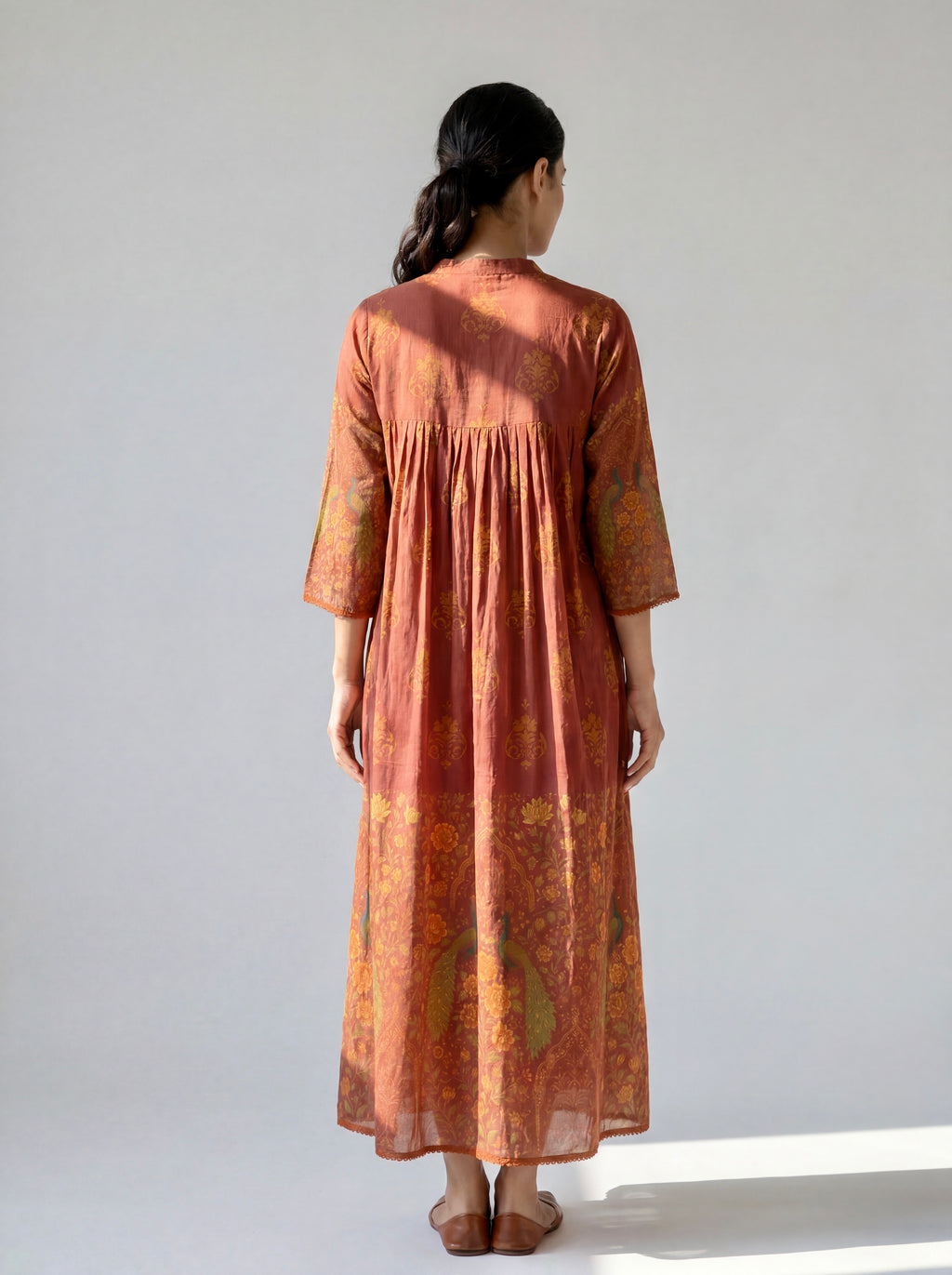 Terracotta Handblock Printed Cotton Dress with Gathered Yoke and Mandarin Neckline