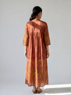 Terracotta Handblock Printed Cotton Dress with Gathered Yoke and Mandarin Neckline