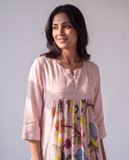 Lilac Cotton Dress with Printed center panel and lace detailing.