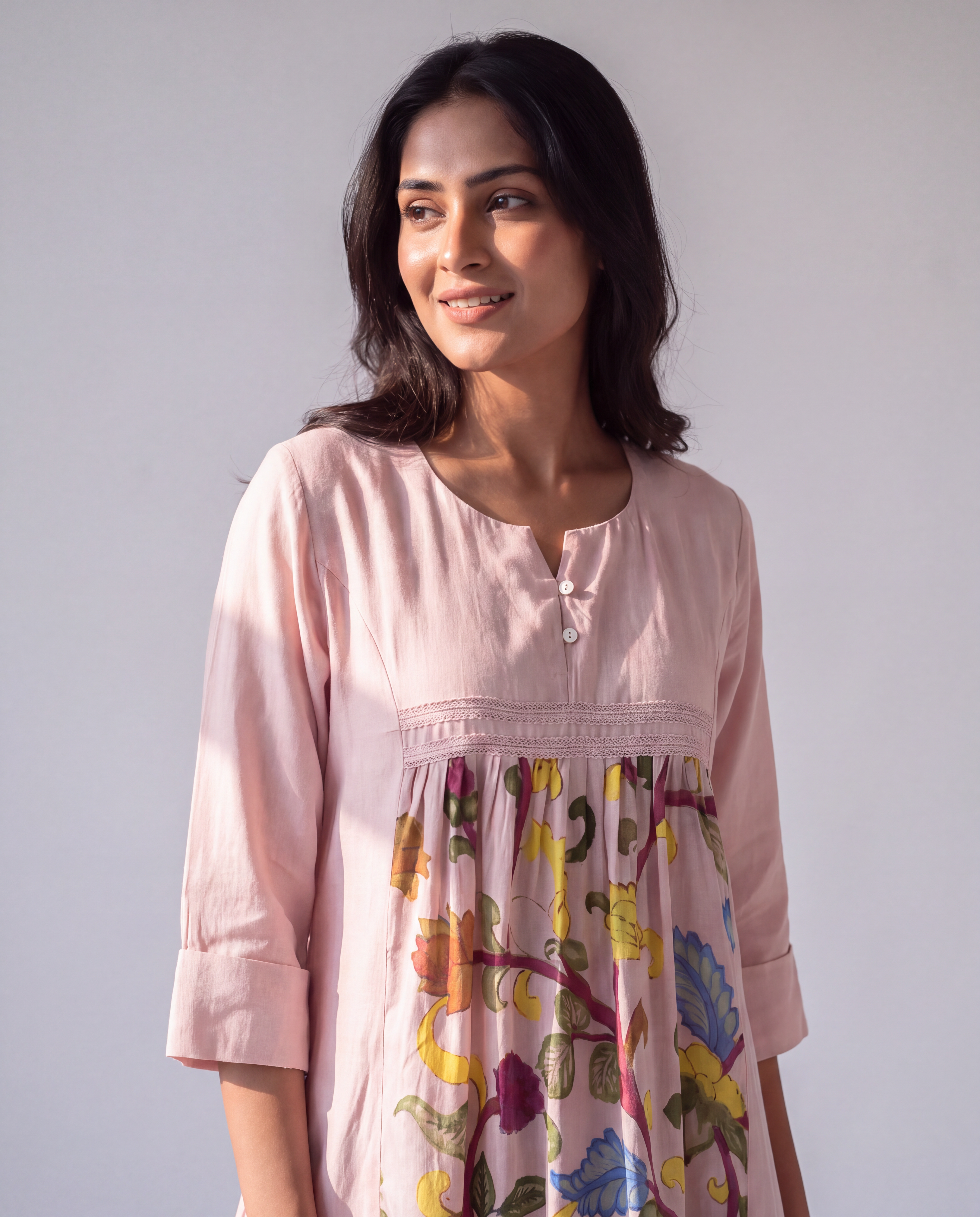 Lilac Cotton Dress with Printed center panel and lace detailing.