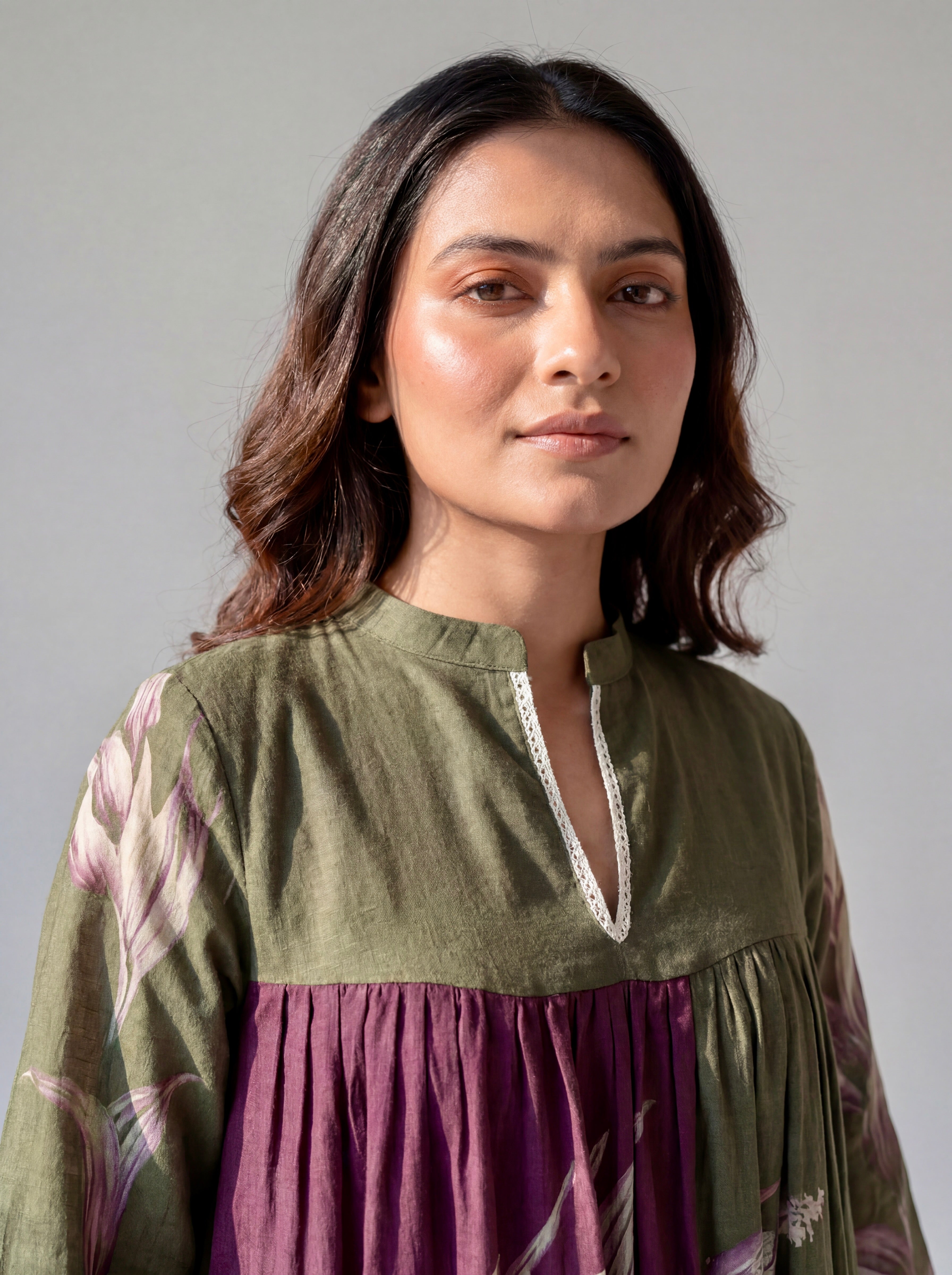 Olive Green Botanical Printed Cotton Dress with Gathered Yoke and Lace Trim Details