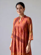 Terracotta Handblock Printed Cotton Dress with Gathered Yoke and Mandarin Neckline
