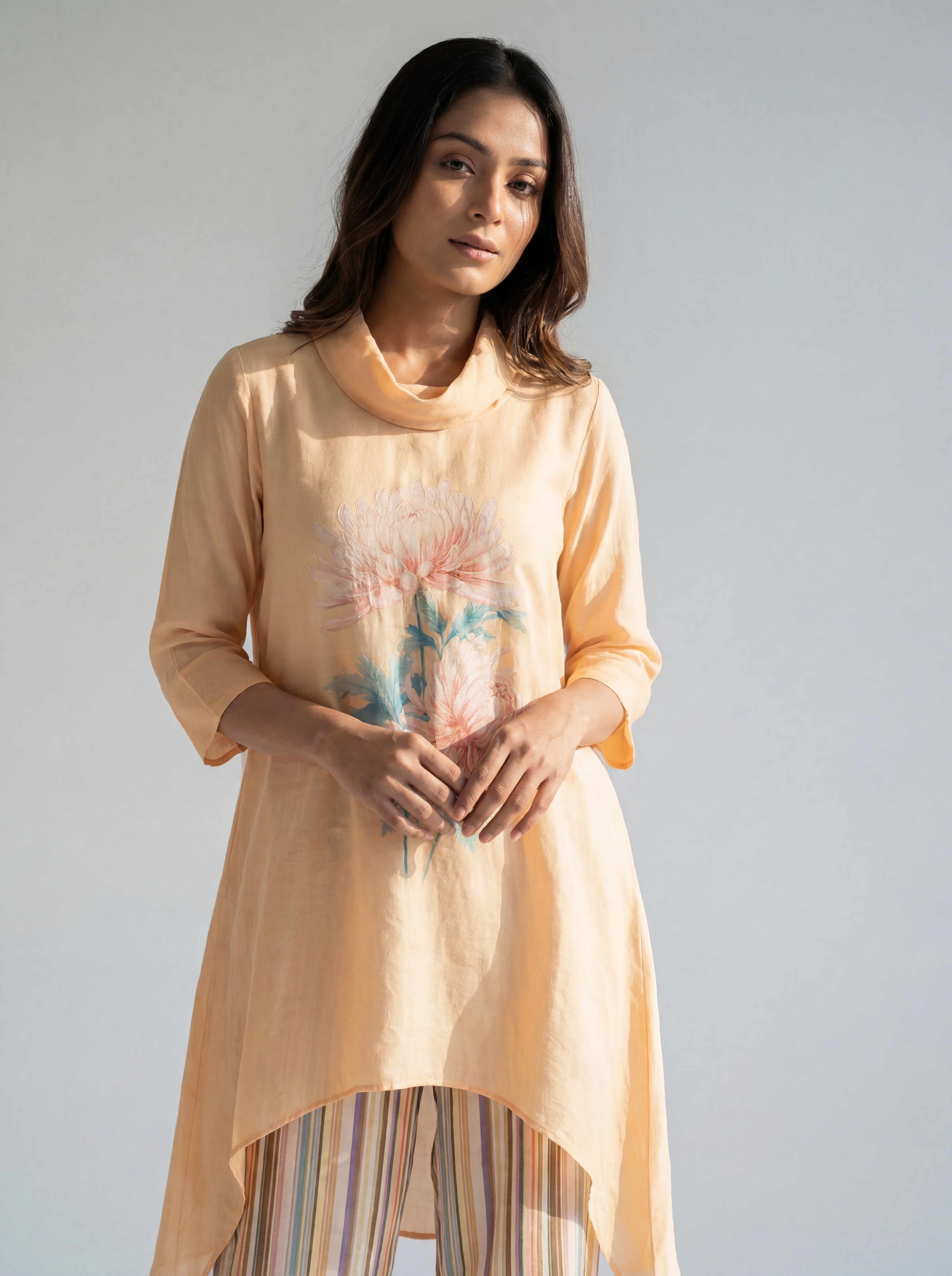 Peach Floral Printed Co-ord Set with Asymmetric Top and Striped Straight Pants