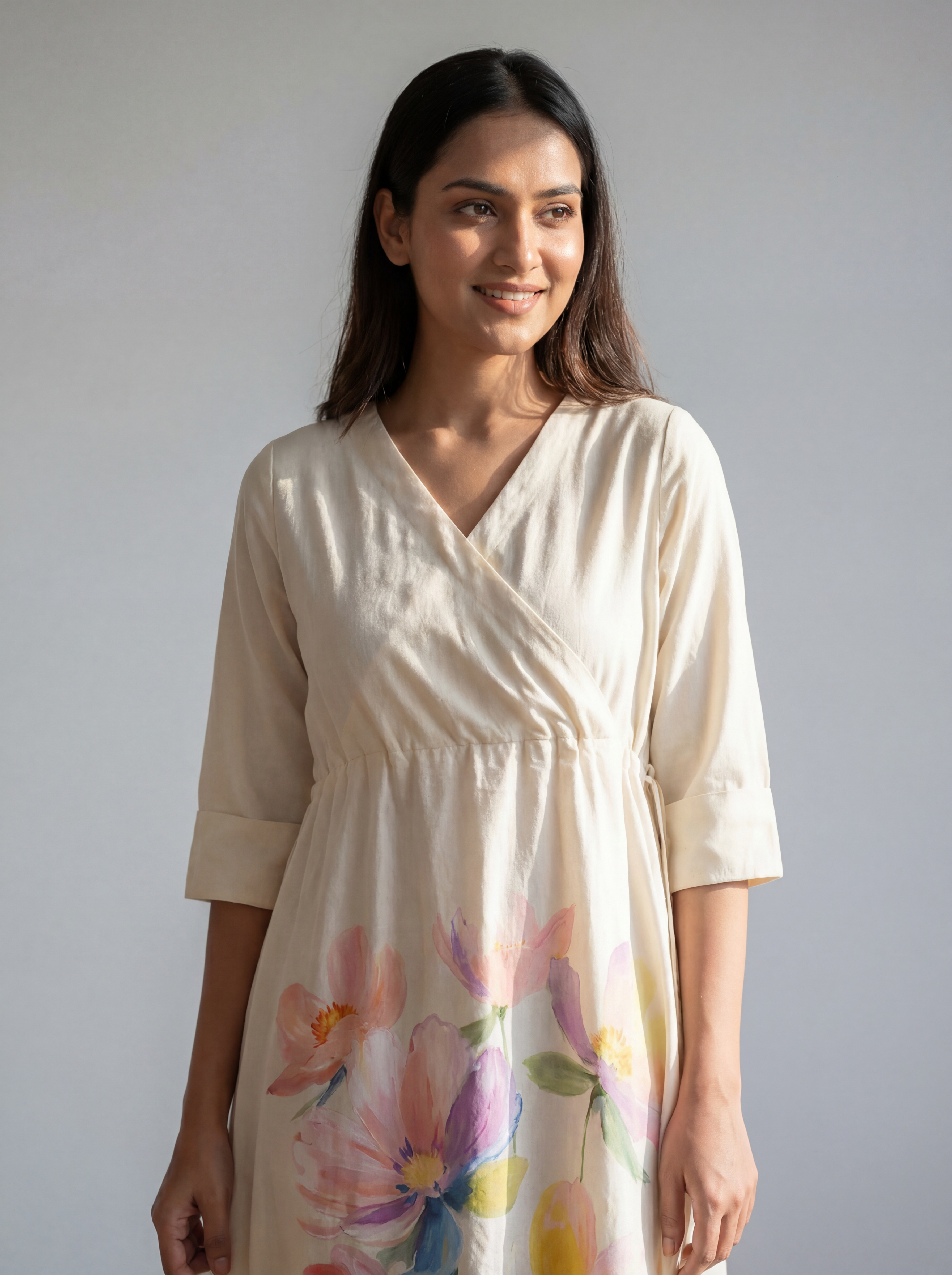 Ivory Ombre Floral Wrap Dress with Watercolour Print and Adjustable Waist Tie