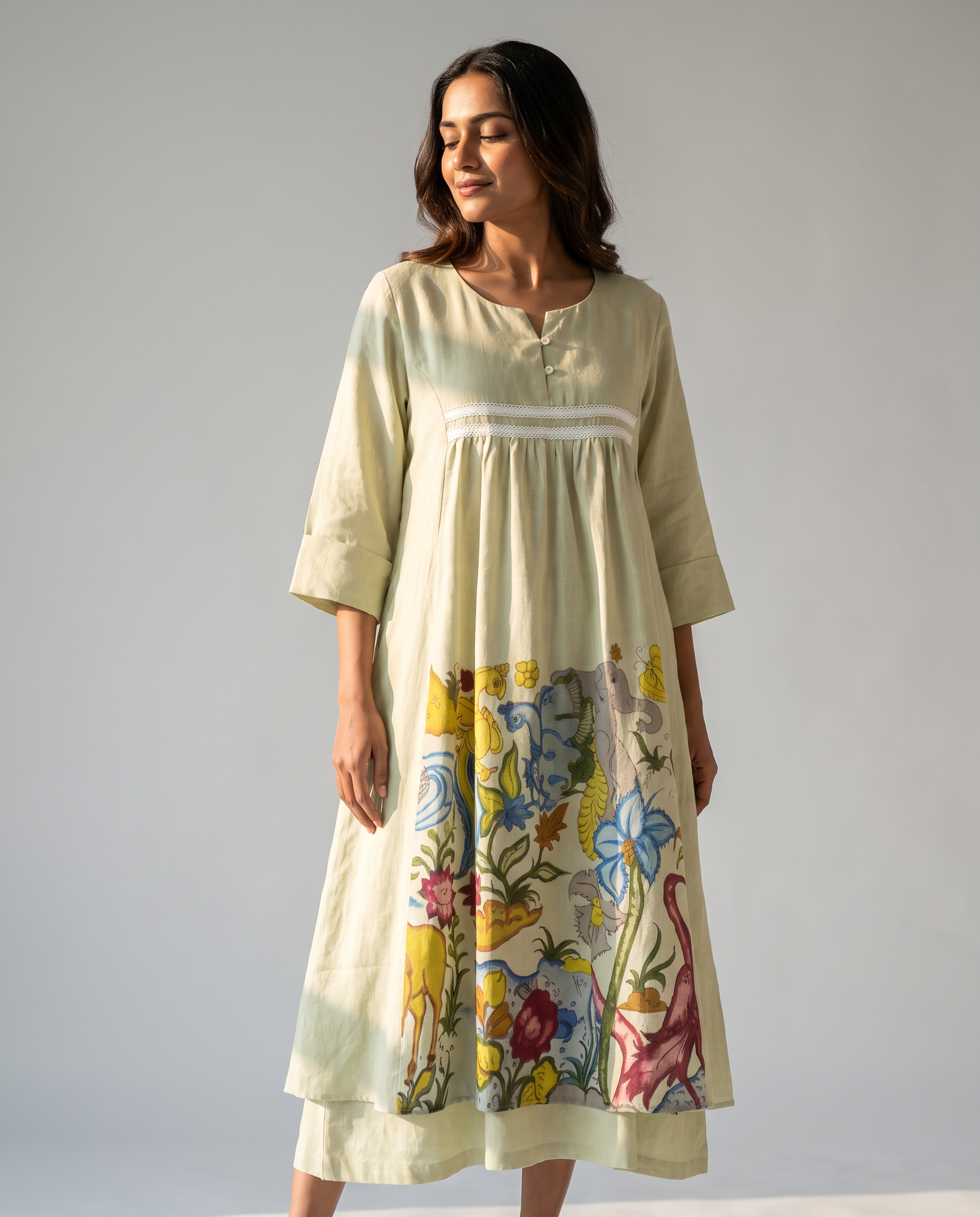 Ivory Bloom Painted Cotton Dress
