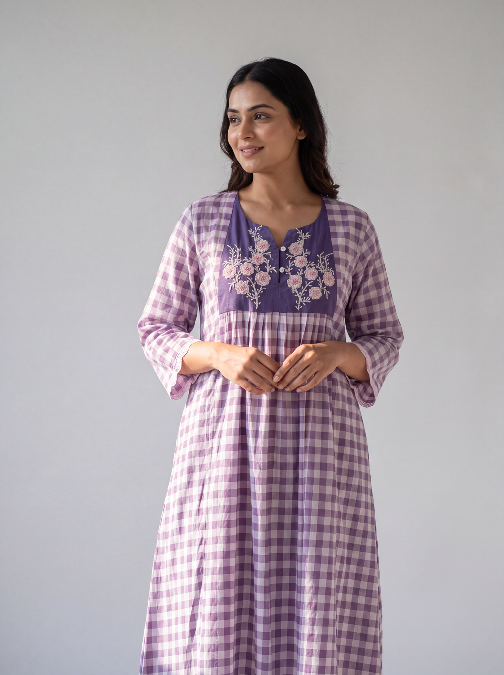 Lavender Gingham Embroidered Midi Dress