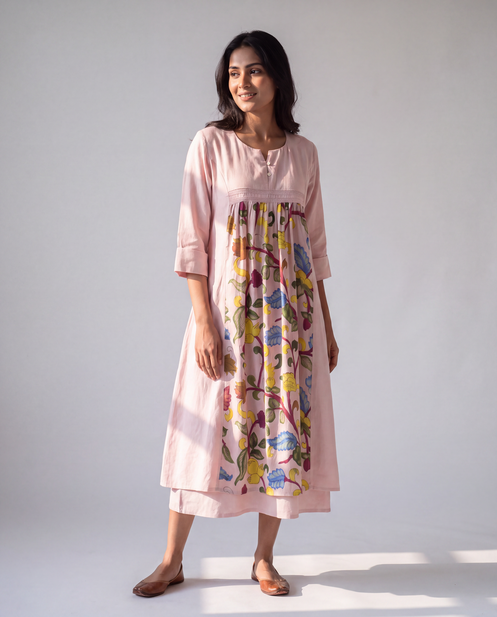 Lilac Cotton Dress with Printed center panel and lace detailing.