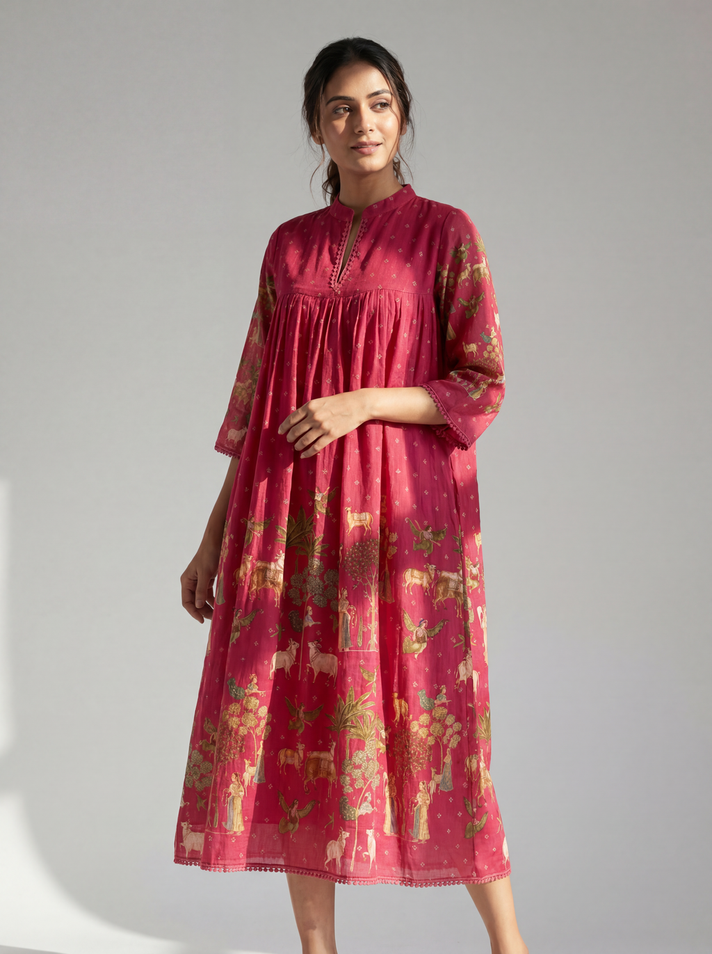 Raspberry Pink Heritage Printed Cotton Dress with Gathered Yoke and Lace Accents