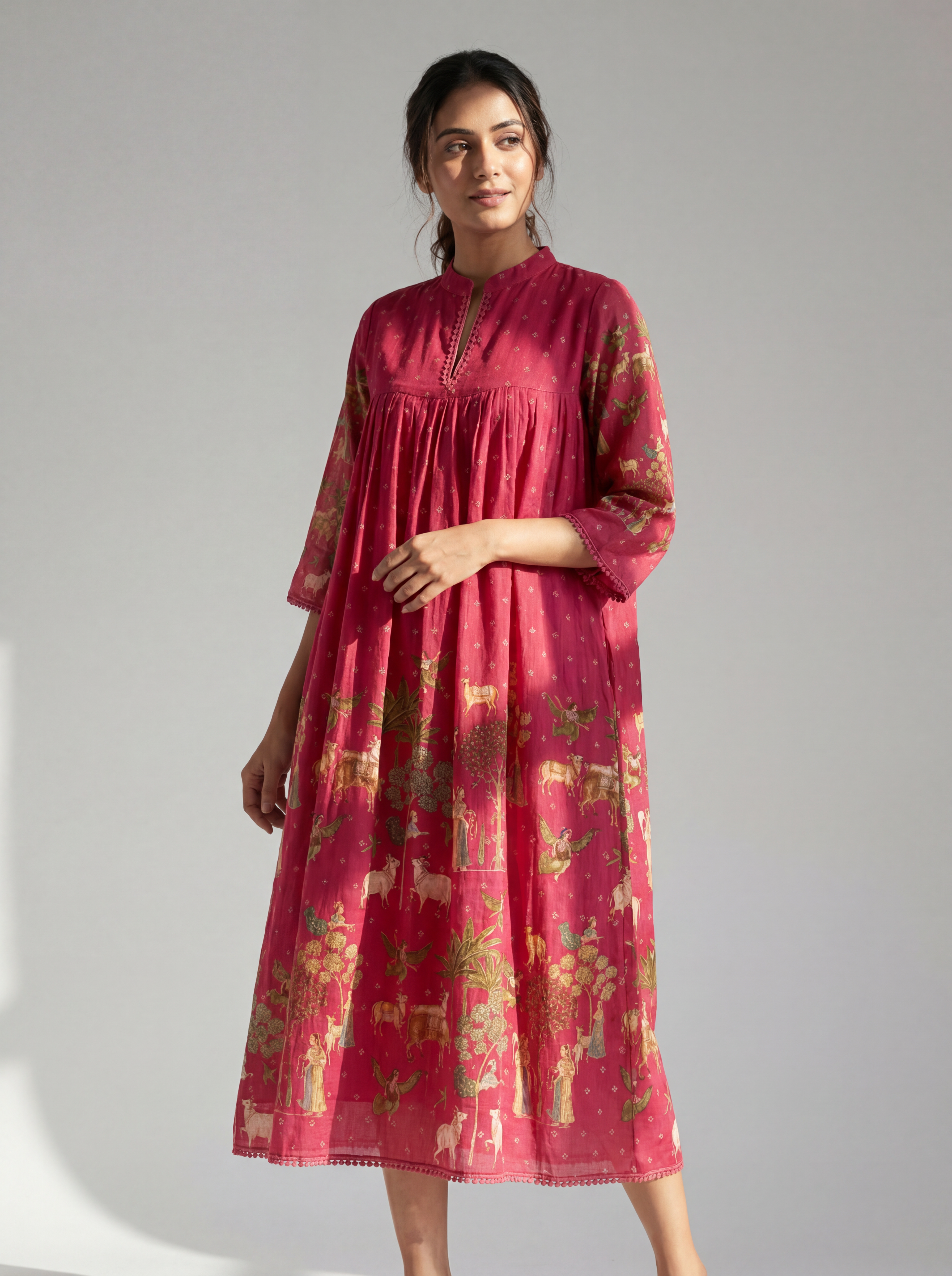 Raspberry Pink Heritage Printed Cotton Dress with Gathered Yoke and Lace Accents