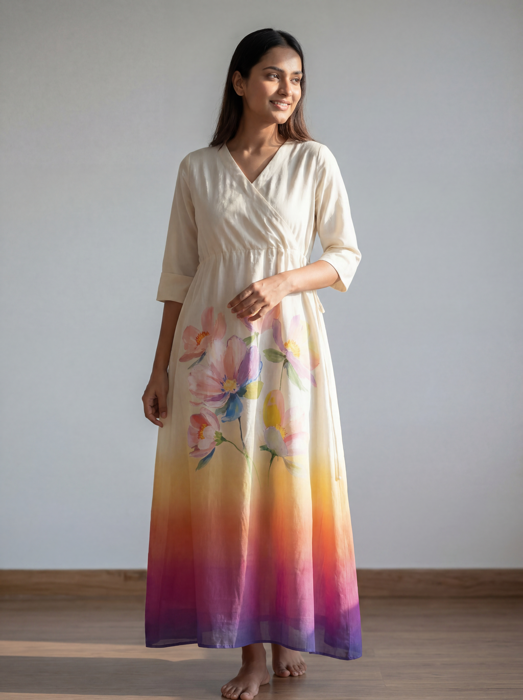 Ivory Ombre Floral Wrap Dress with Watercolour Print and Adjustable Waist Tie