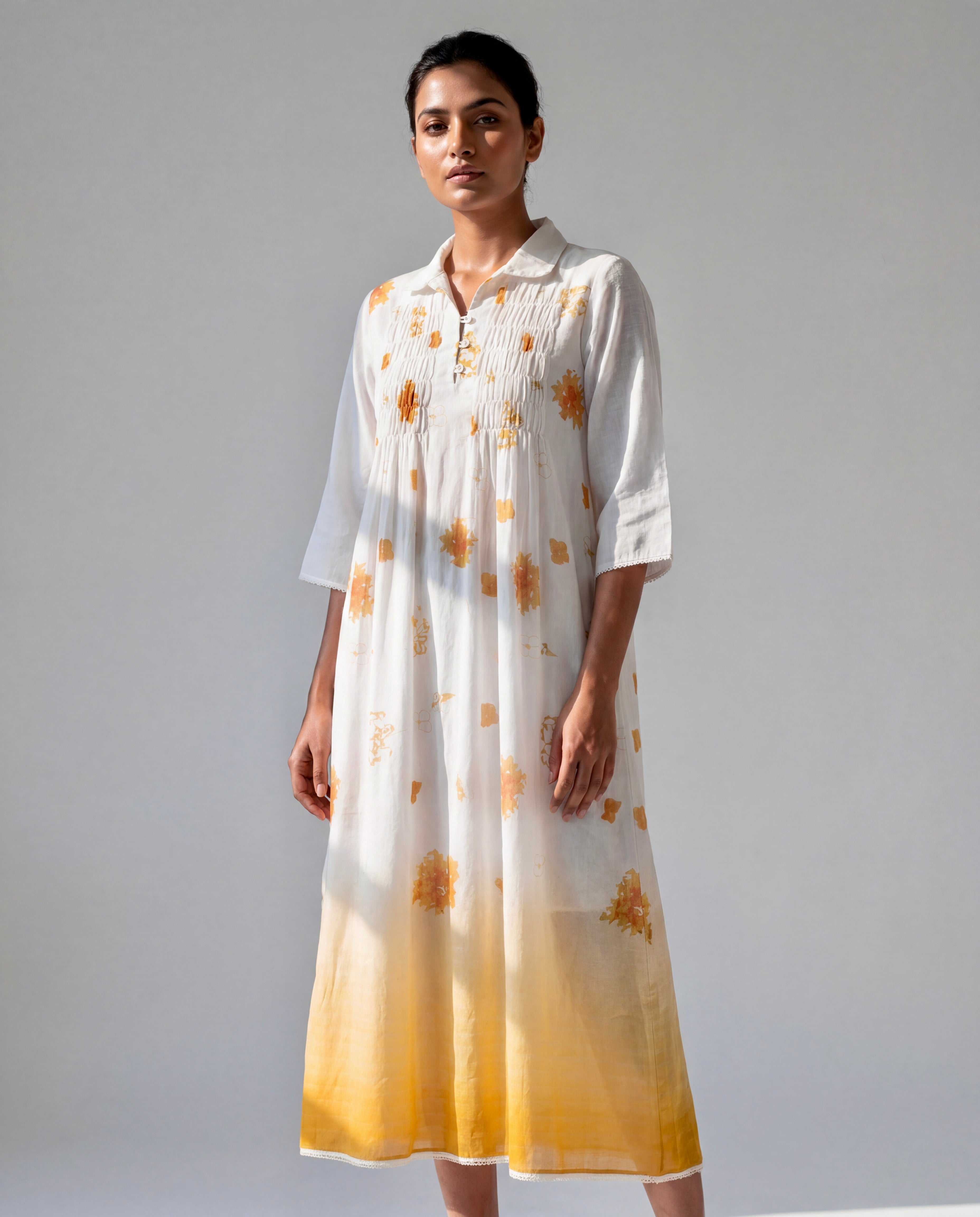 Ivory Ombre Printed Dress with Collared Neck and Smocked Yoke