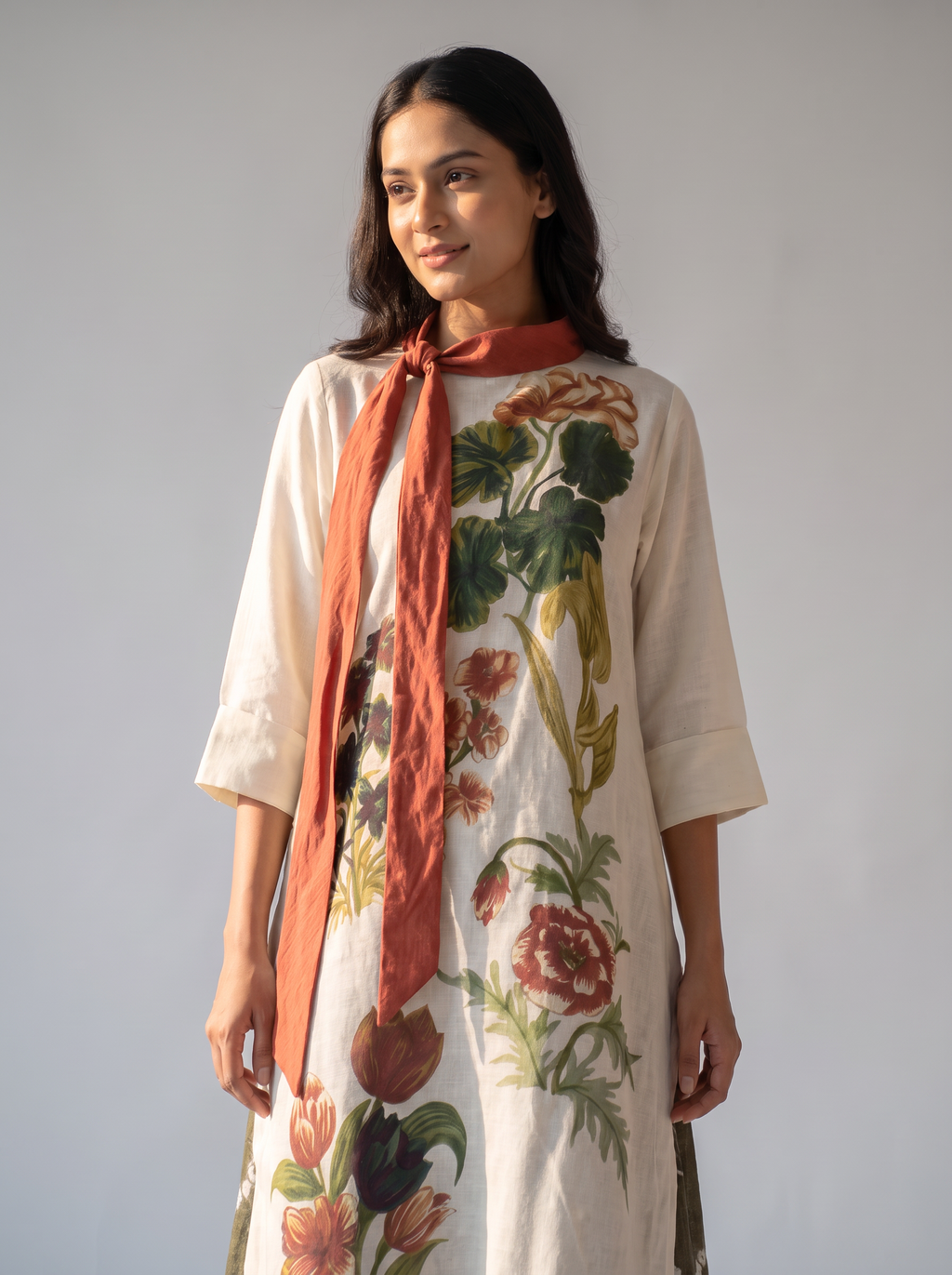 Ivory Floral Printed Tunic with Rust Scarf