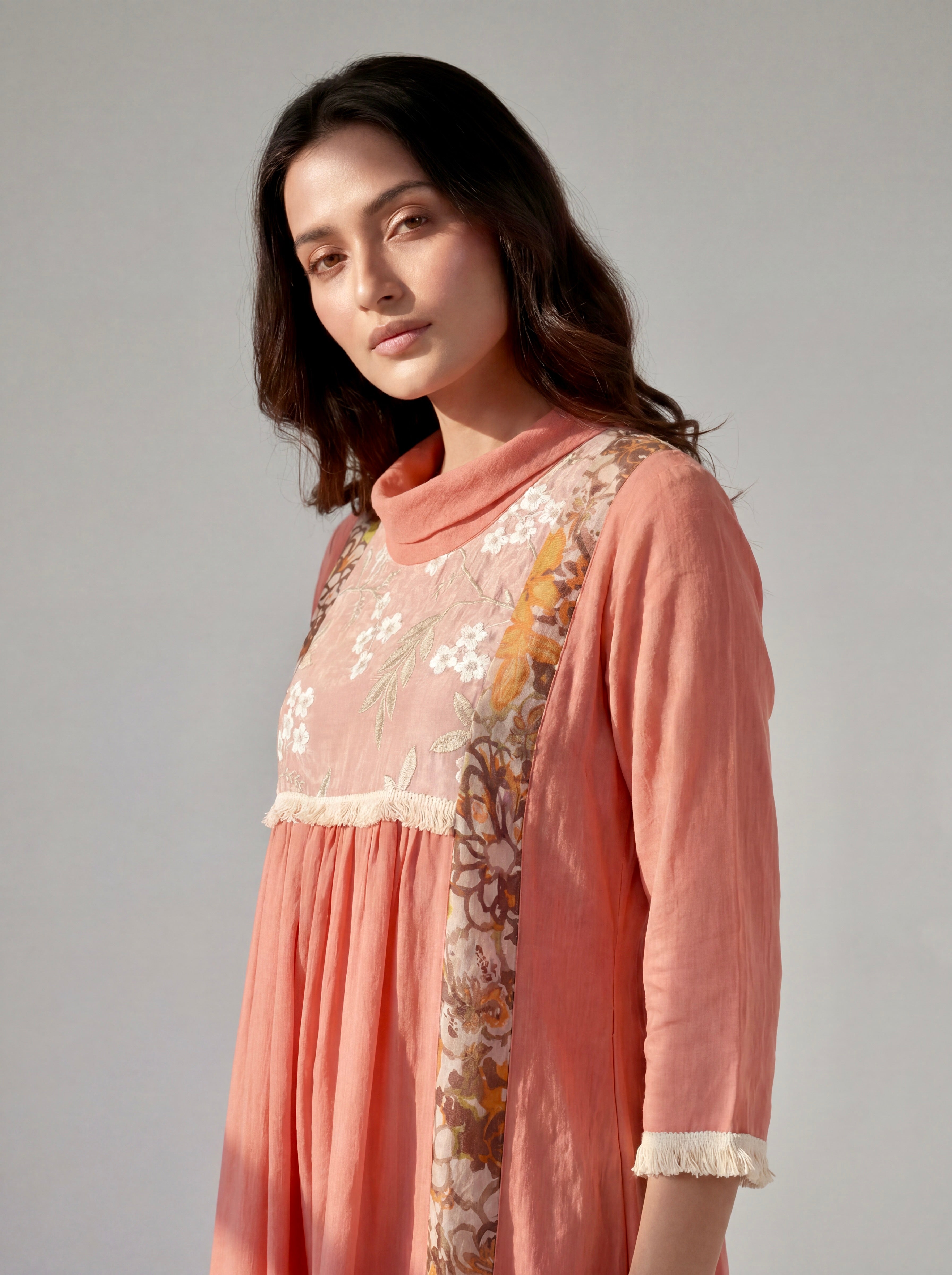 Blush Pink Cotton Dress with Floral Embroidered Yoke, Printed Panels and Fringe Details