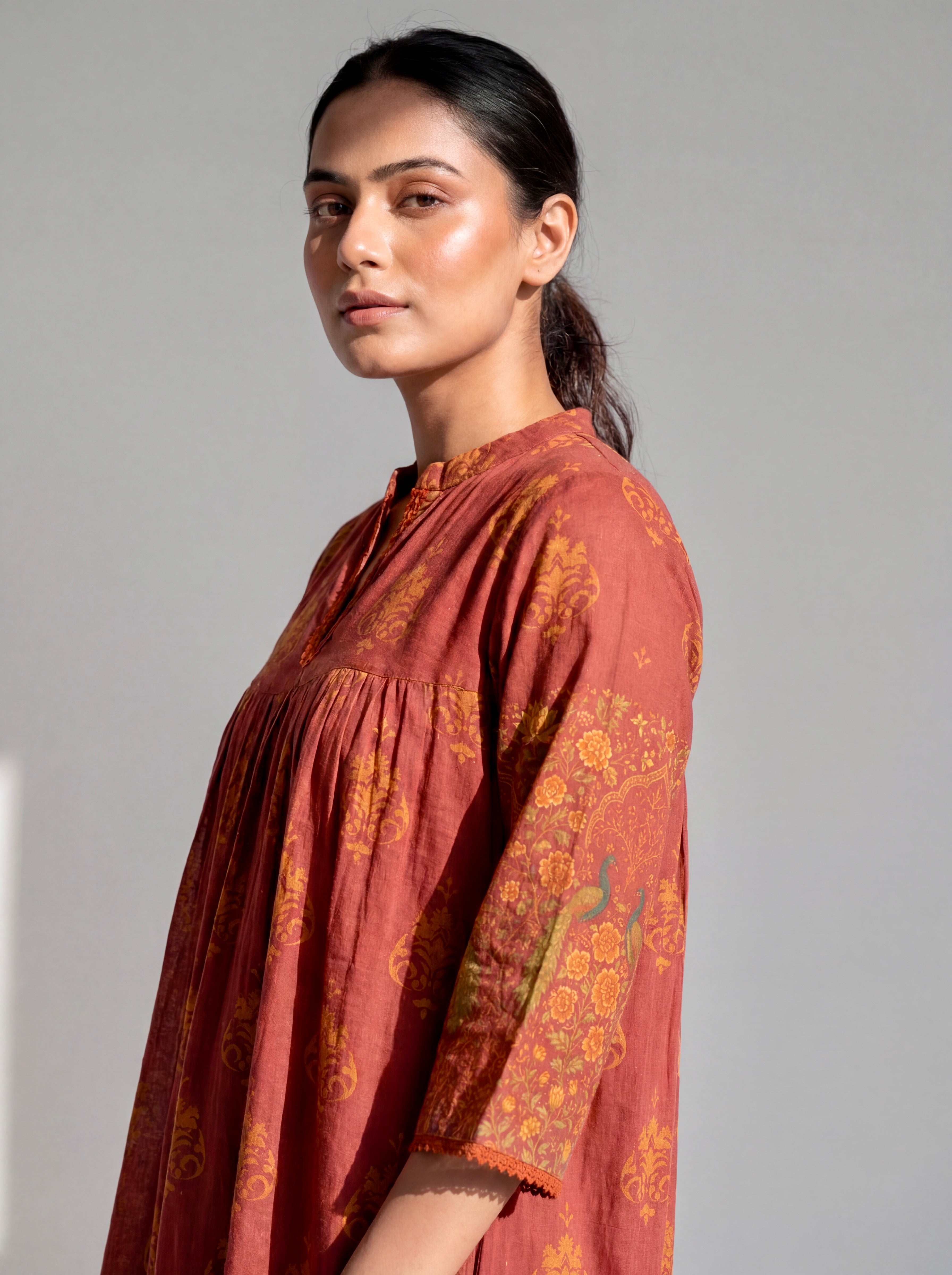 Terracotta Handblock Printed Cotton Dress with Gathered Yoke and Mandarin Neckline