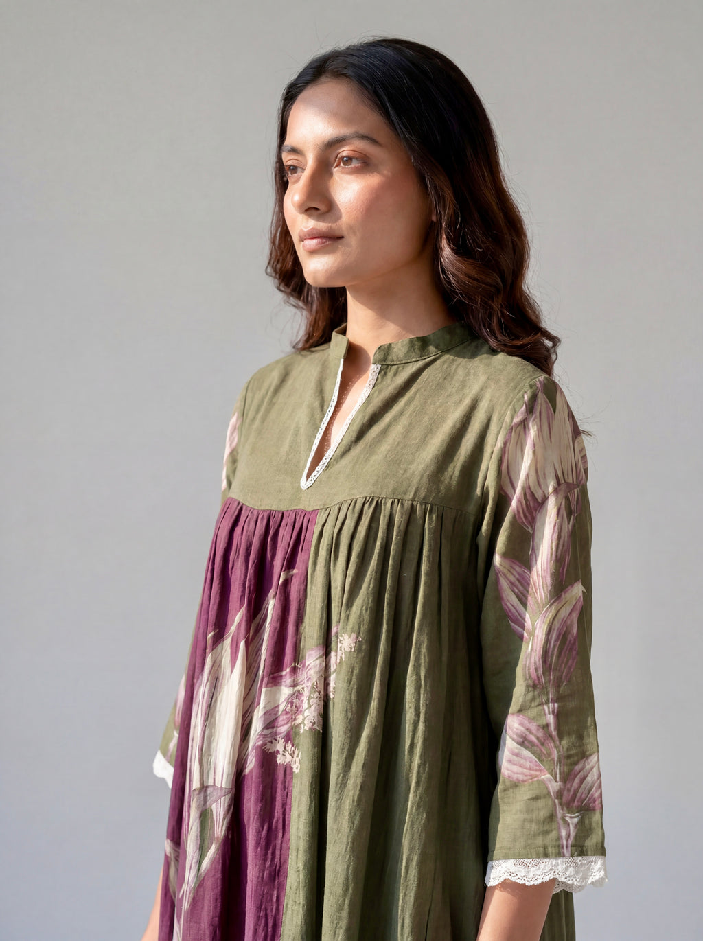 Olive Green Botanical Printed Cotton Dress with Gathered Yoke and Lace Trim Details