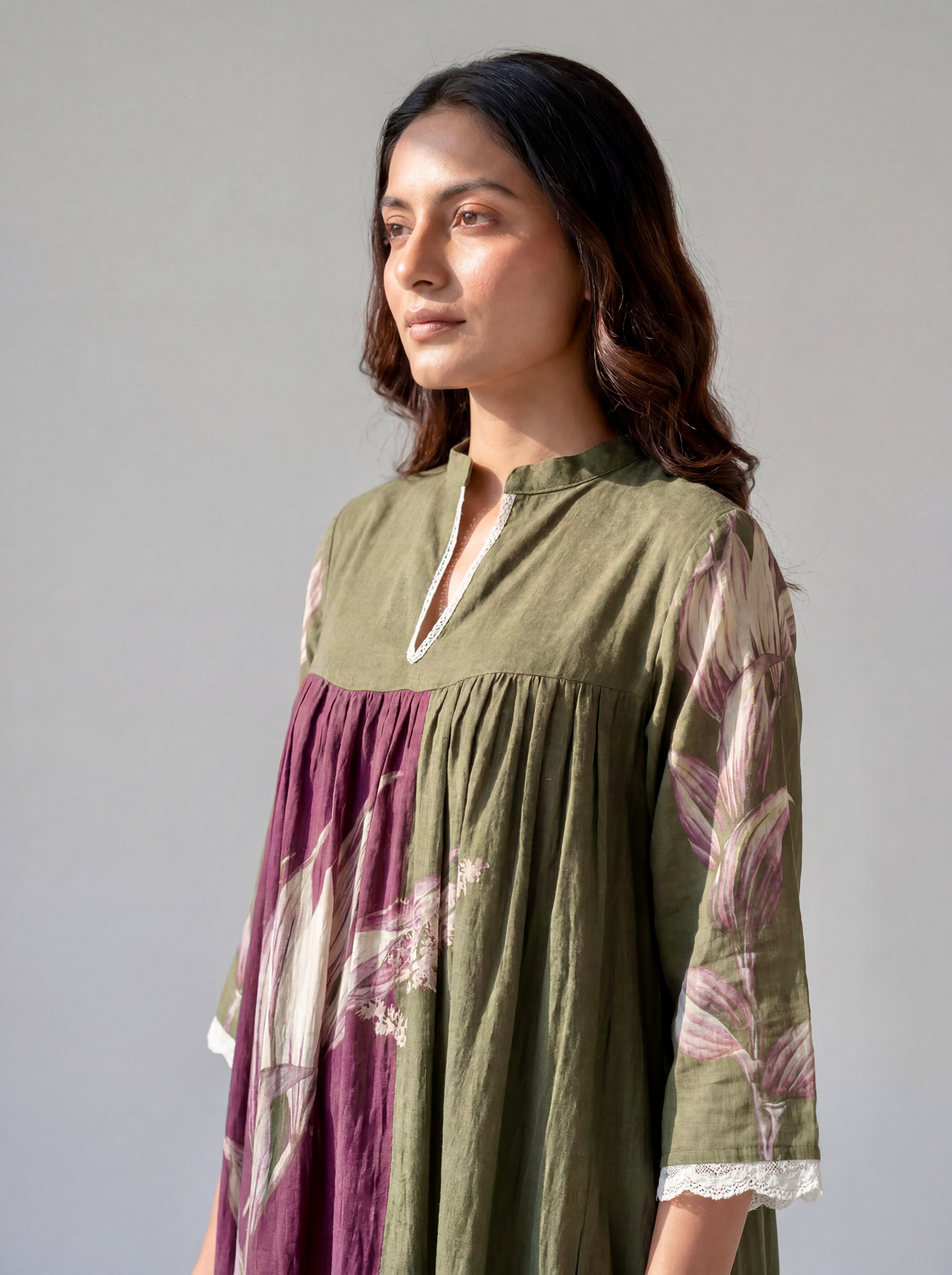 Olive Green Botanical Printed Cotton Dress with Gathered Yoke and Lace Trim Details