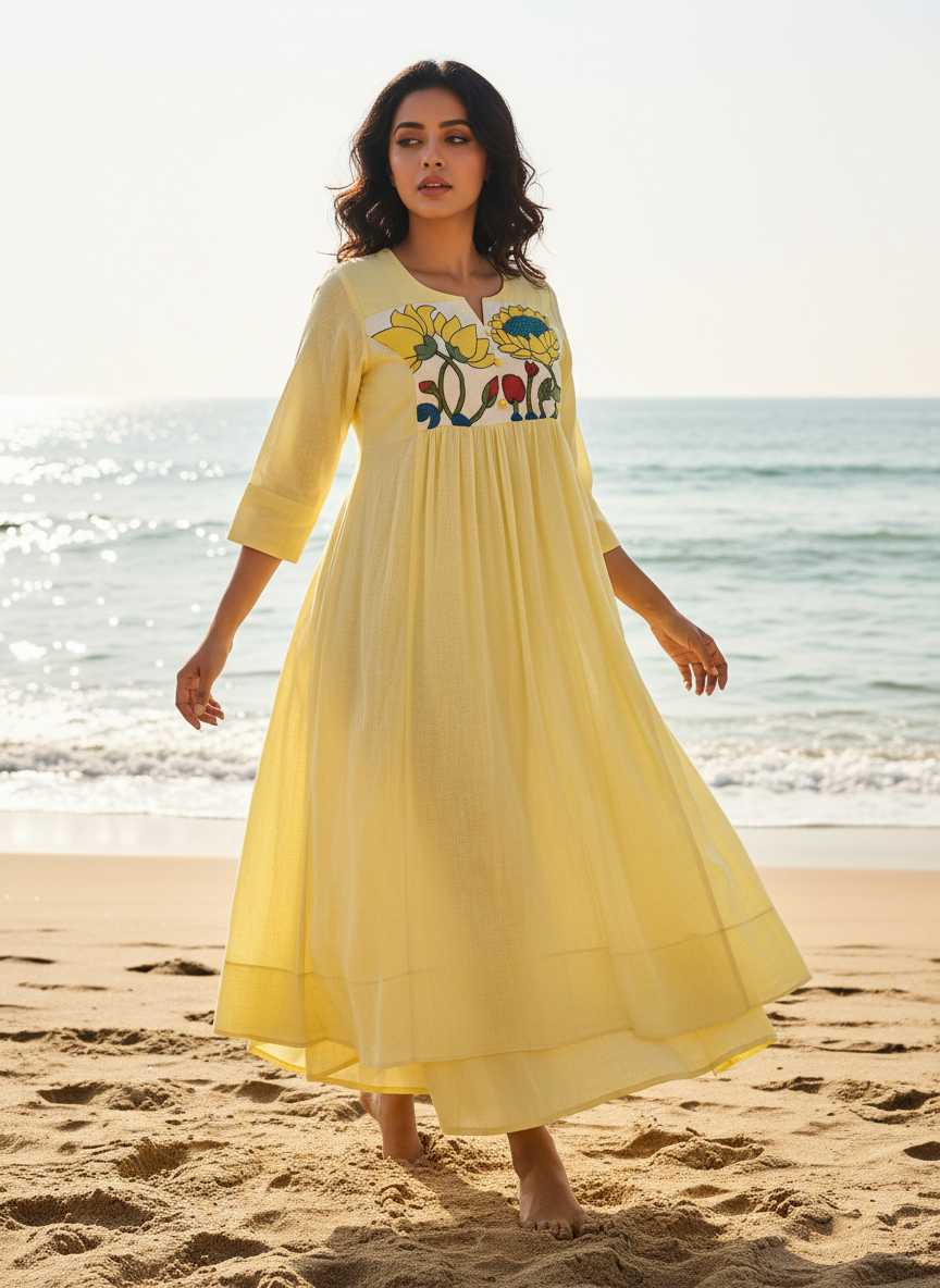 Cotton Dress with Hand-Painted Kalamkari Yoke