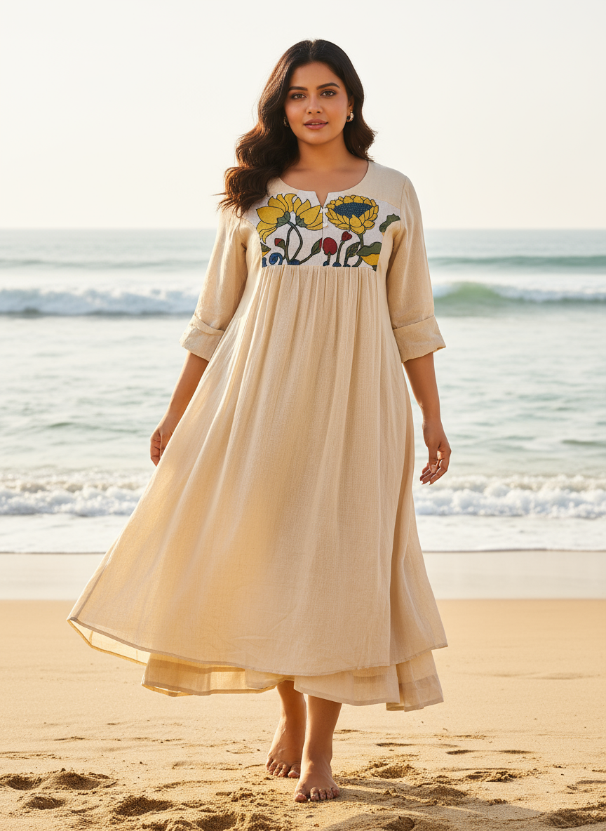 Cotton Dress with Hand-Painted Kalamkari Yoke