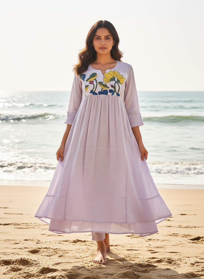 Cotton Dress with Hand-Painted Kalamkari Yoke