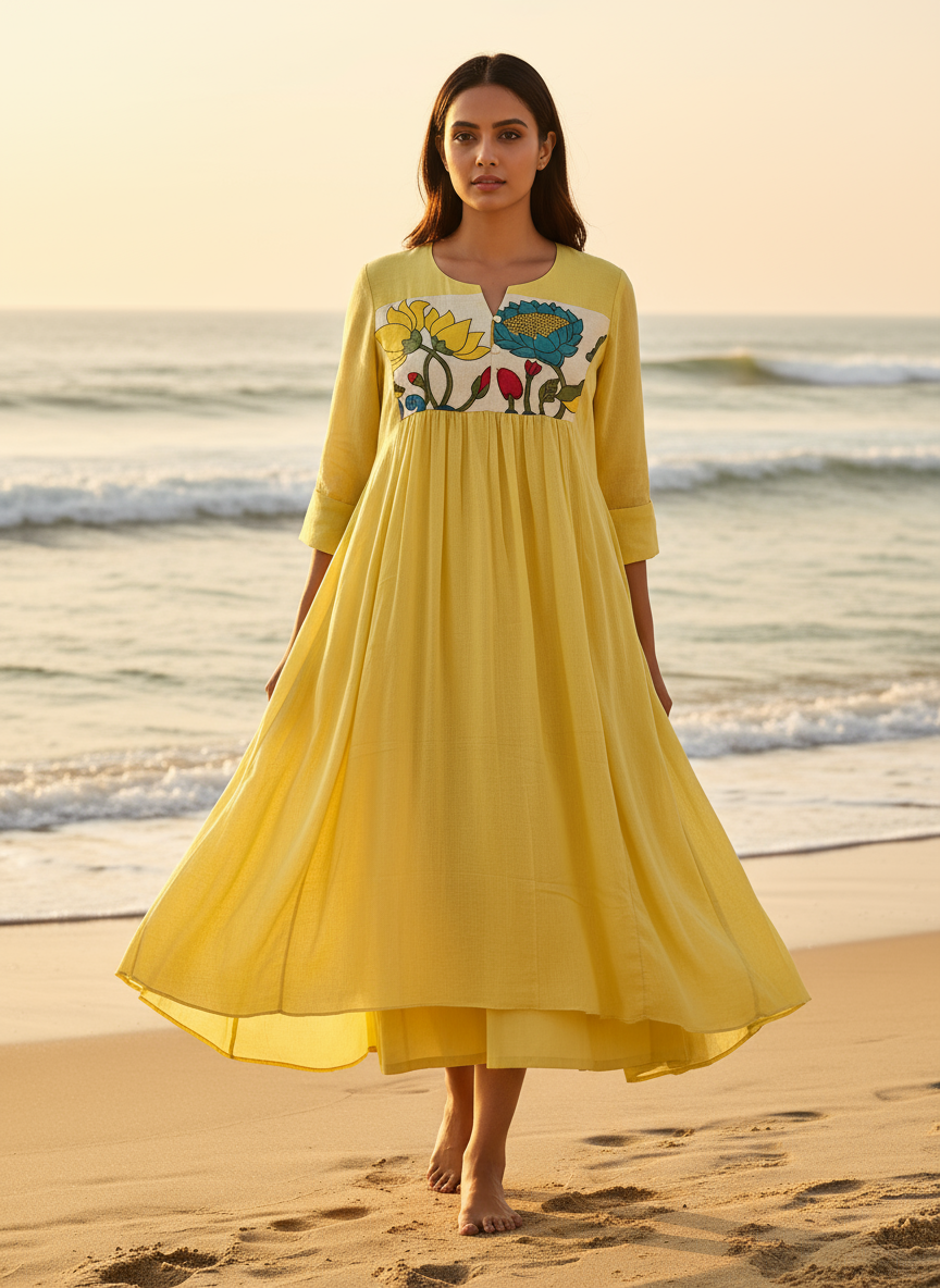 Cotton Dress with Hand-Painted Kalamkari Yoke