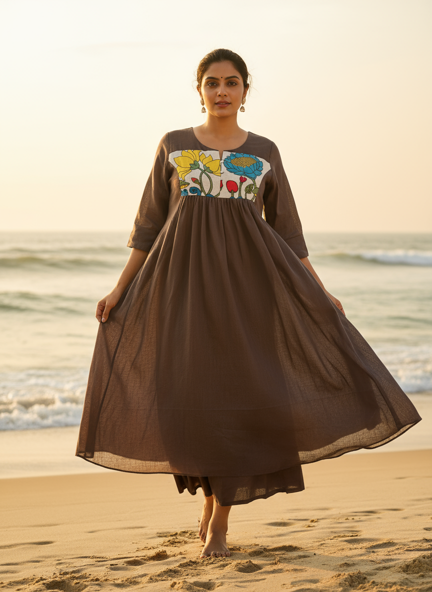 Cotton Dress with Hand-Painted Kalamkari Yoke
