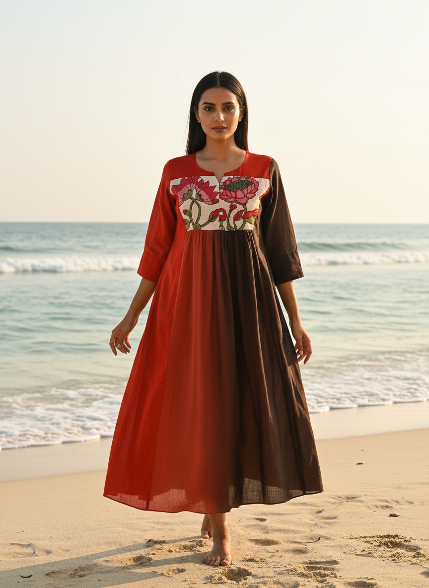 Ombré Cotton Dress with Hand-Painted Kalamkari Yoke