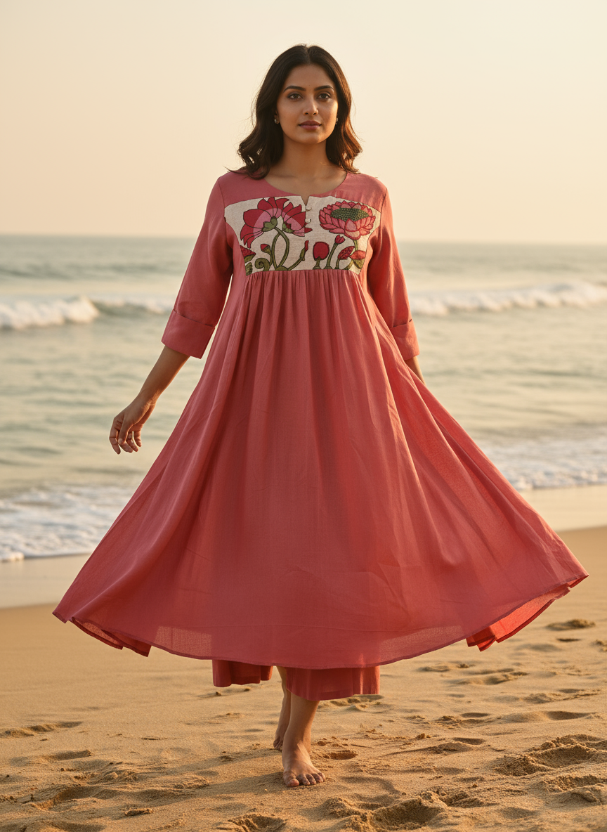 Cotton Dress with Hand-Painted Kalamkari Yoke