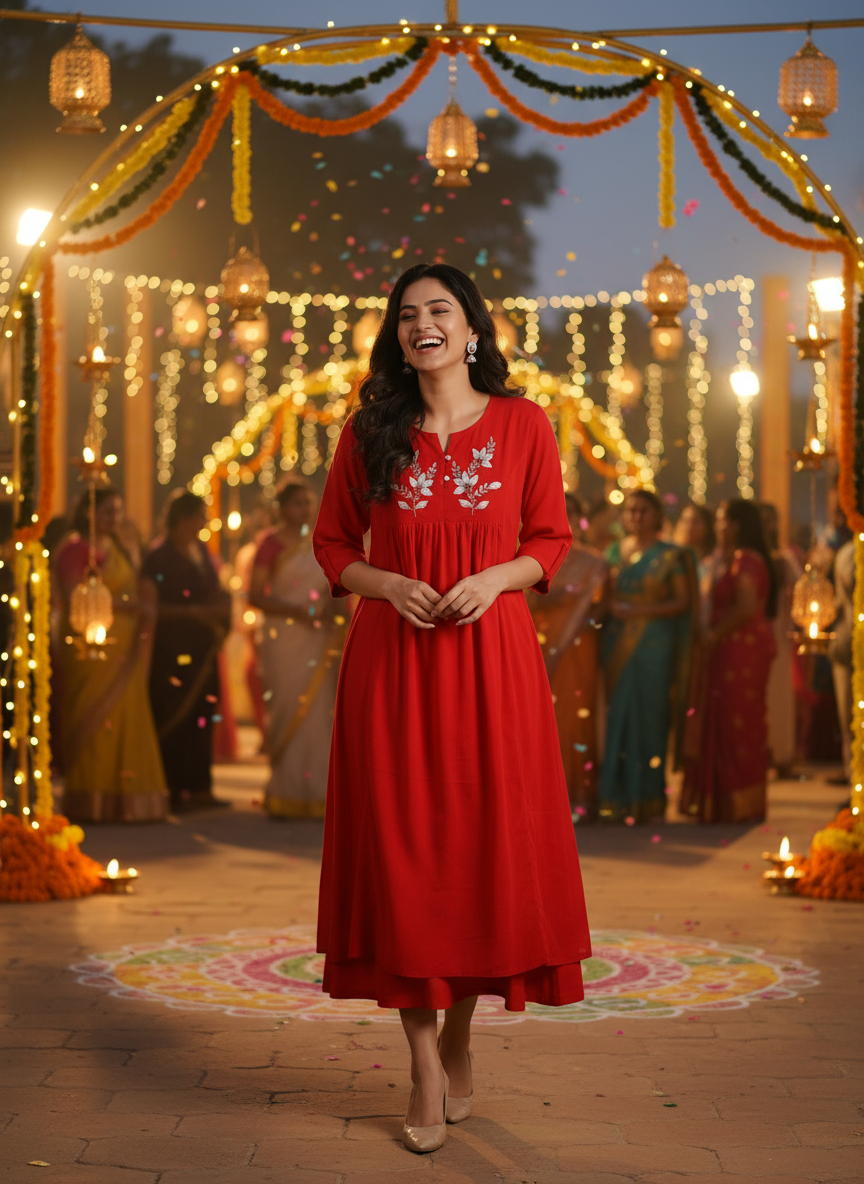 Red Embroidered A-Line Kurti with Elegant Floral Detailing