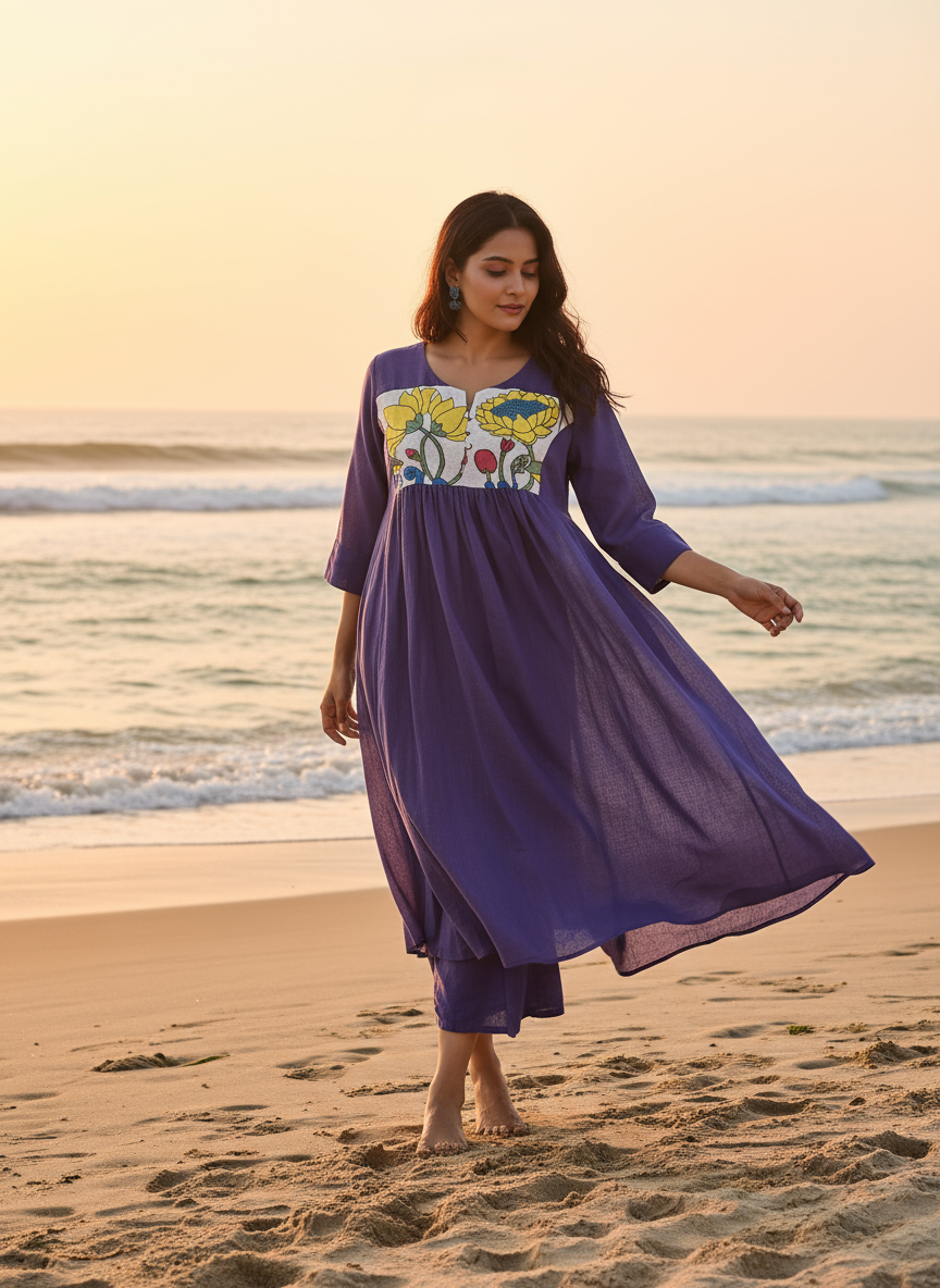 Cotton Dress with Hand-Painted Kalamkari Yoke
