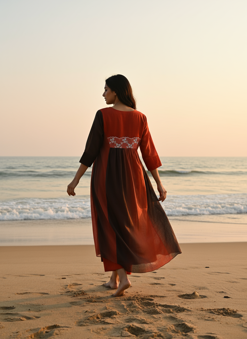 Ombré Cotton Dress with Hand-Painted Kalamkari Yoke