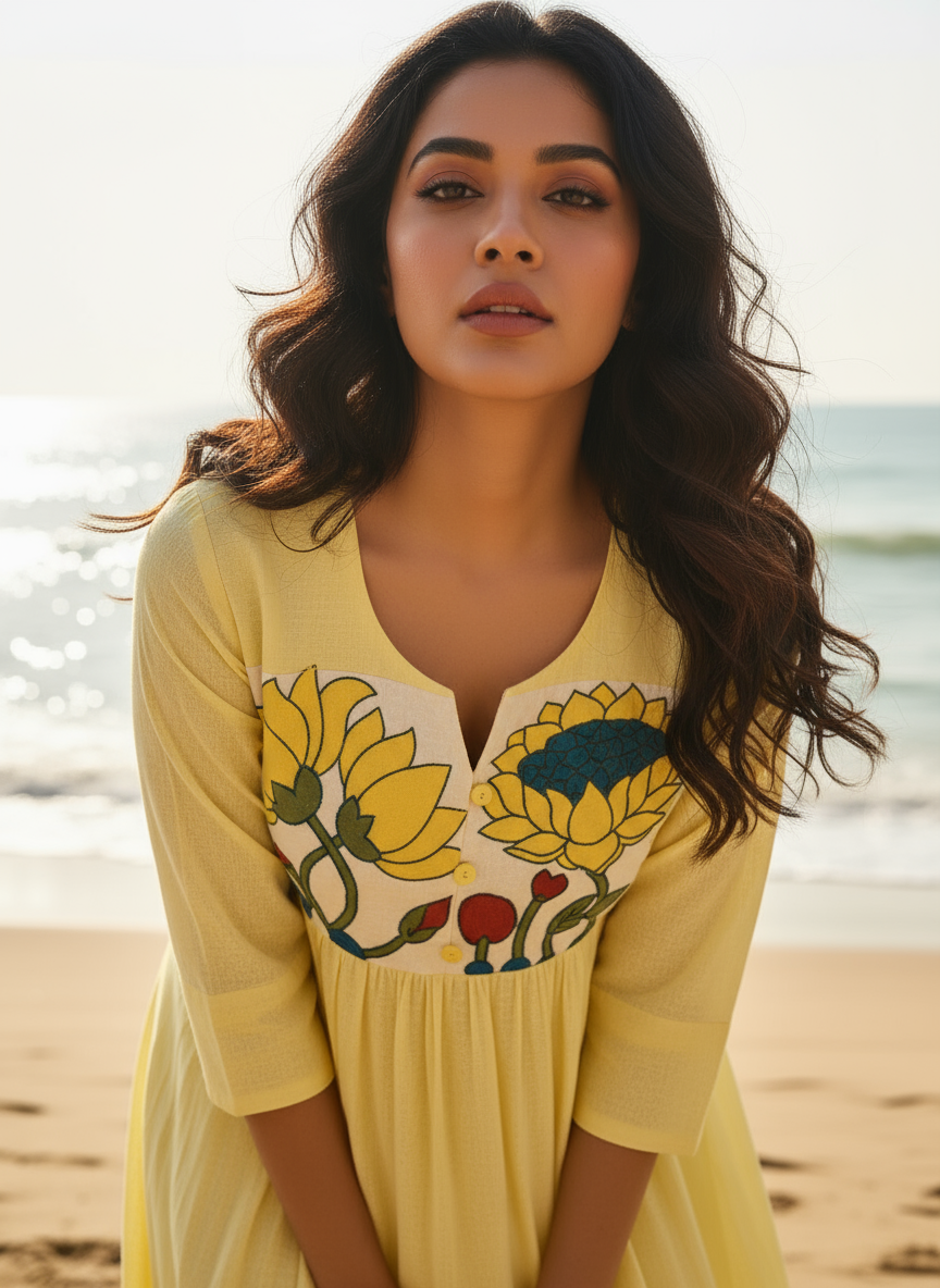 Cotton Dress with Hand-Painted Kalamkari Yoke